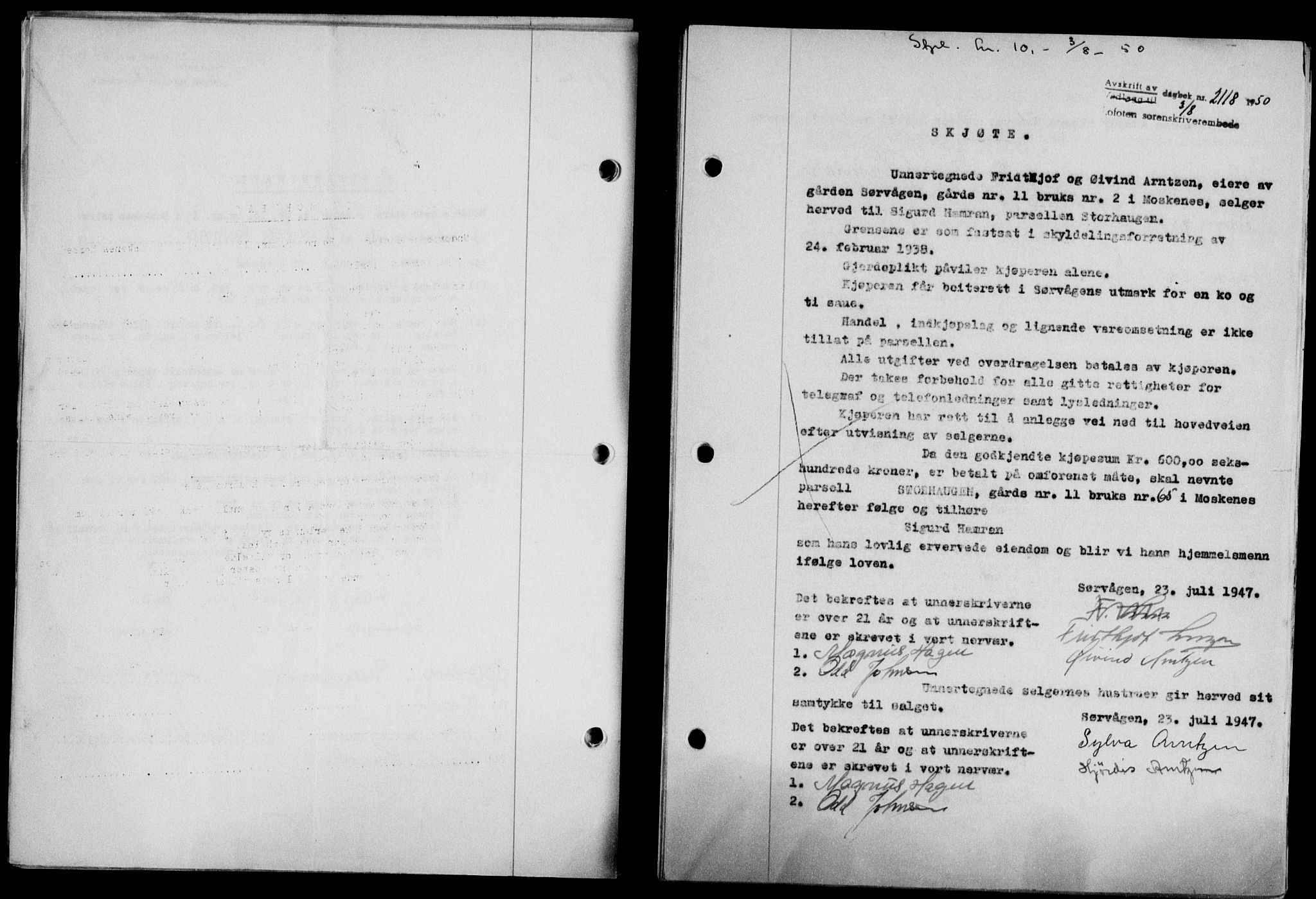 Lofoten sorenskriveri, SAT/A-0017/1/2/2C/L0024a: Mortgage book no. 24a, 1950-1950, Diary no: : 2118/1950
