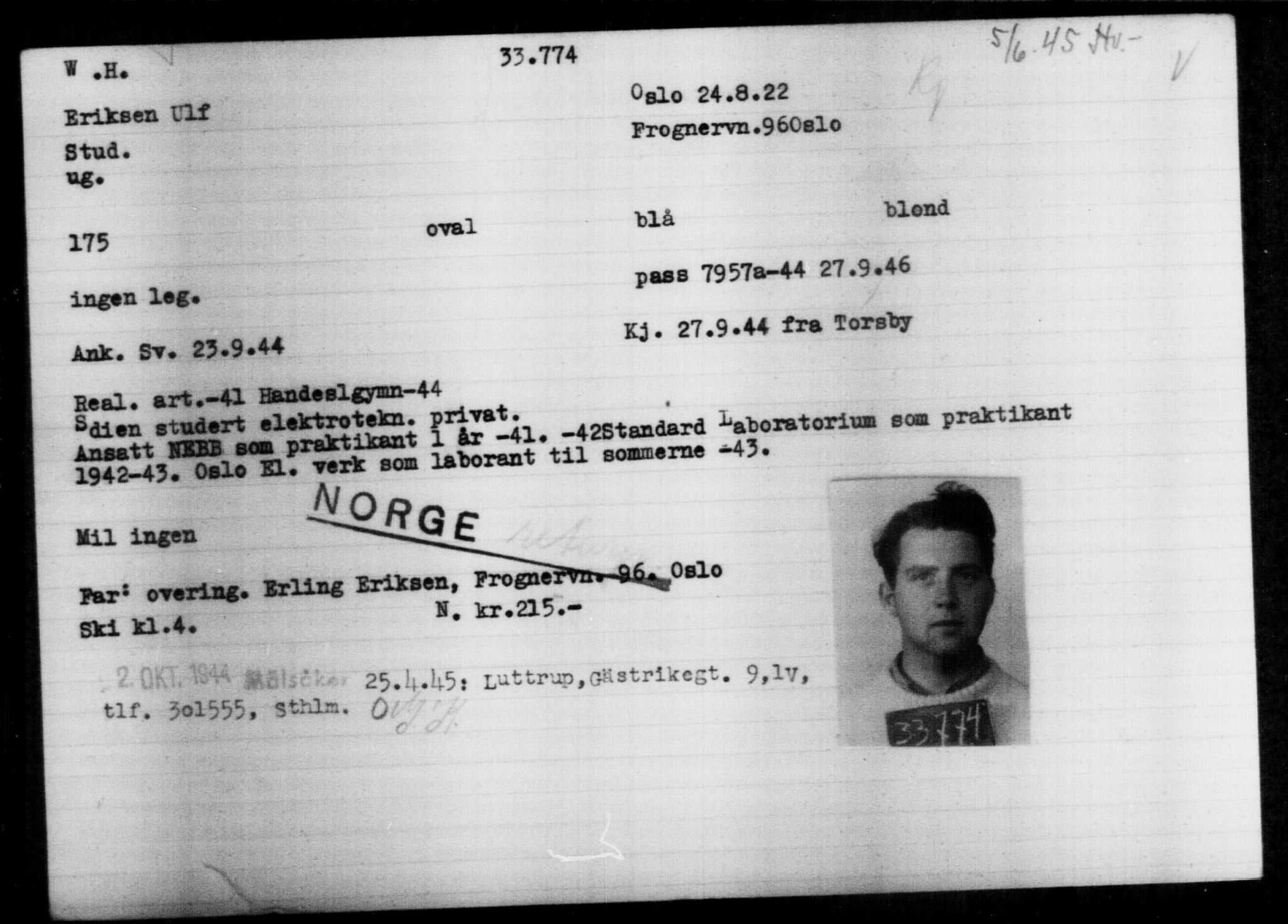 Utenriksstasjonene, Legasjonen i Stockholm, Flyktningkontoret, AV/RA-S-6753/V/Va/L0013: Kjesäterkartoteket, flyktninger med registreringsnr. 31500-34731, 1940-1945, p. 2400