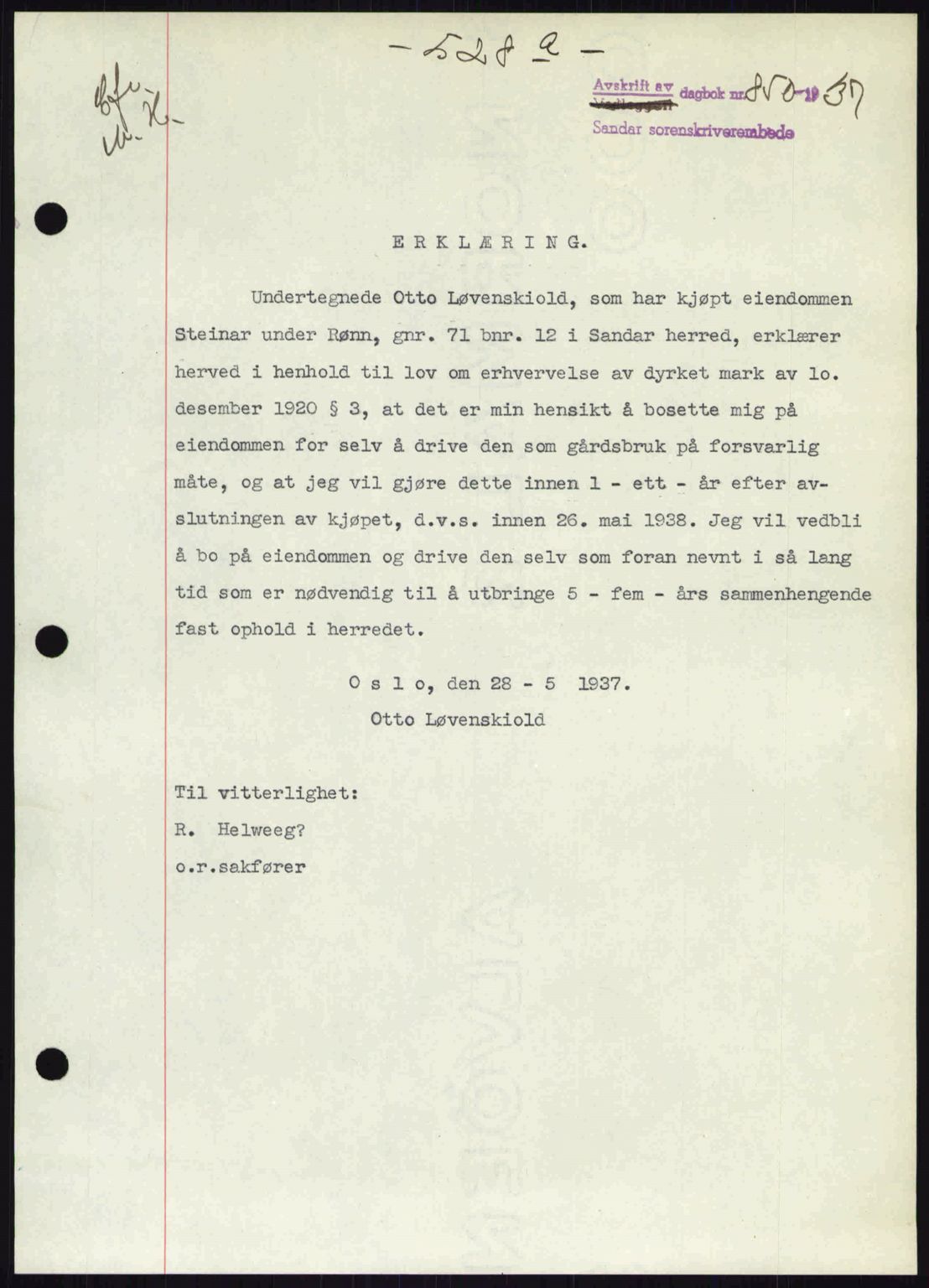 Sandar sorenskriveri, SAKO/A-86/G/Ga/Gab/L0001: Mortgage book no. B-1 og B-3 - B-9, 1936-1944, Diary no: : 850/1937
