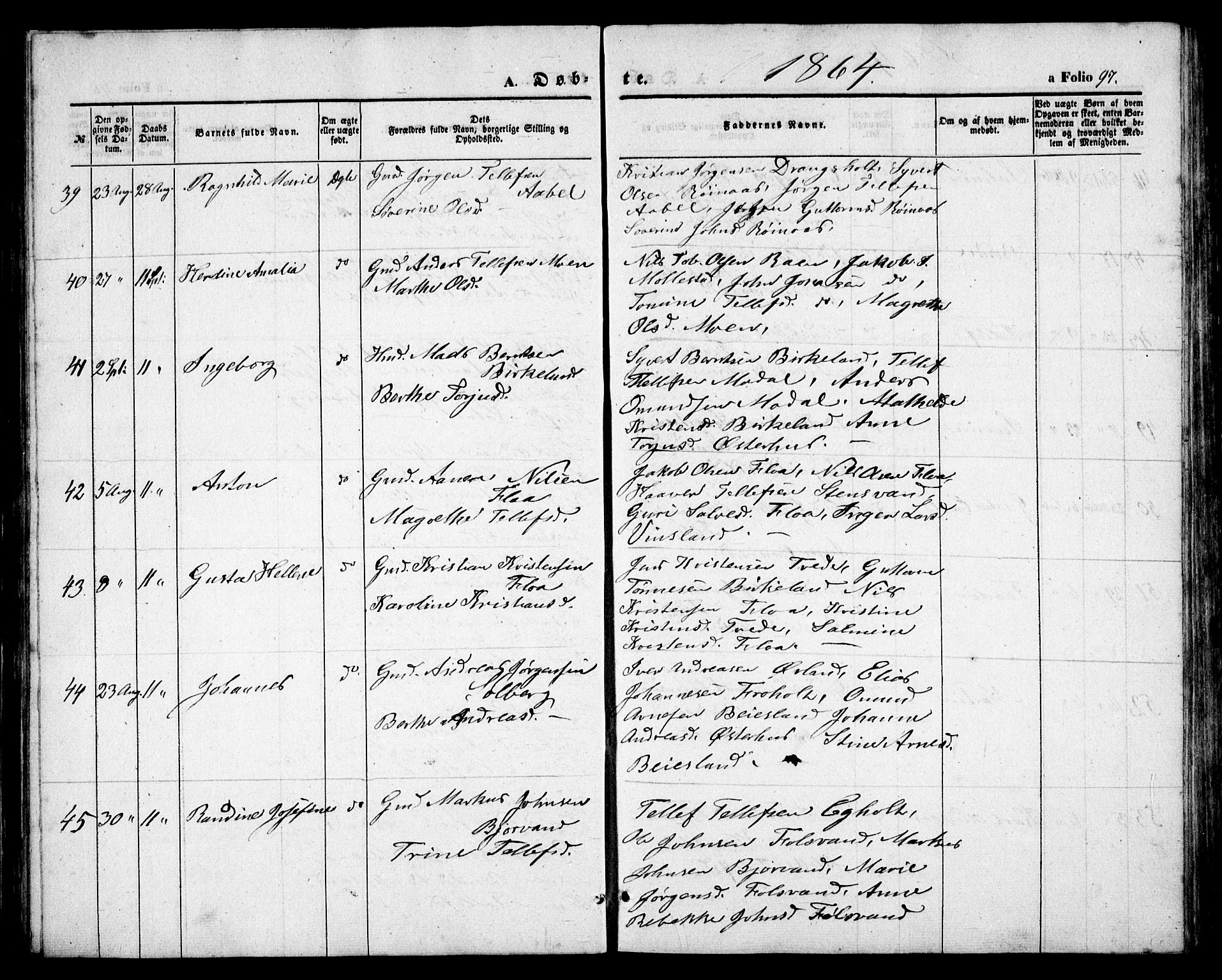 Birkenes sokneprestkontor, AV/SAK-1111-0004/F/Fb/L0002: Parish register (copy) no. B 2, 1849-1876, p. 97