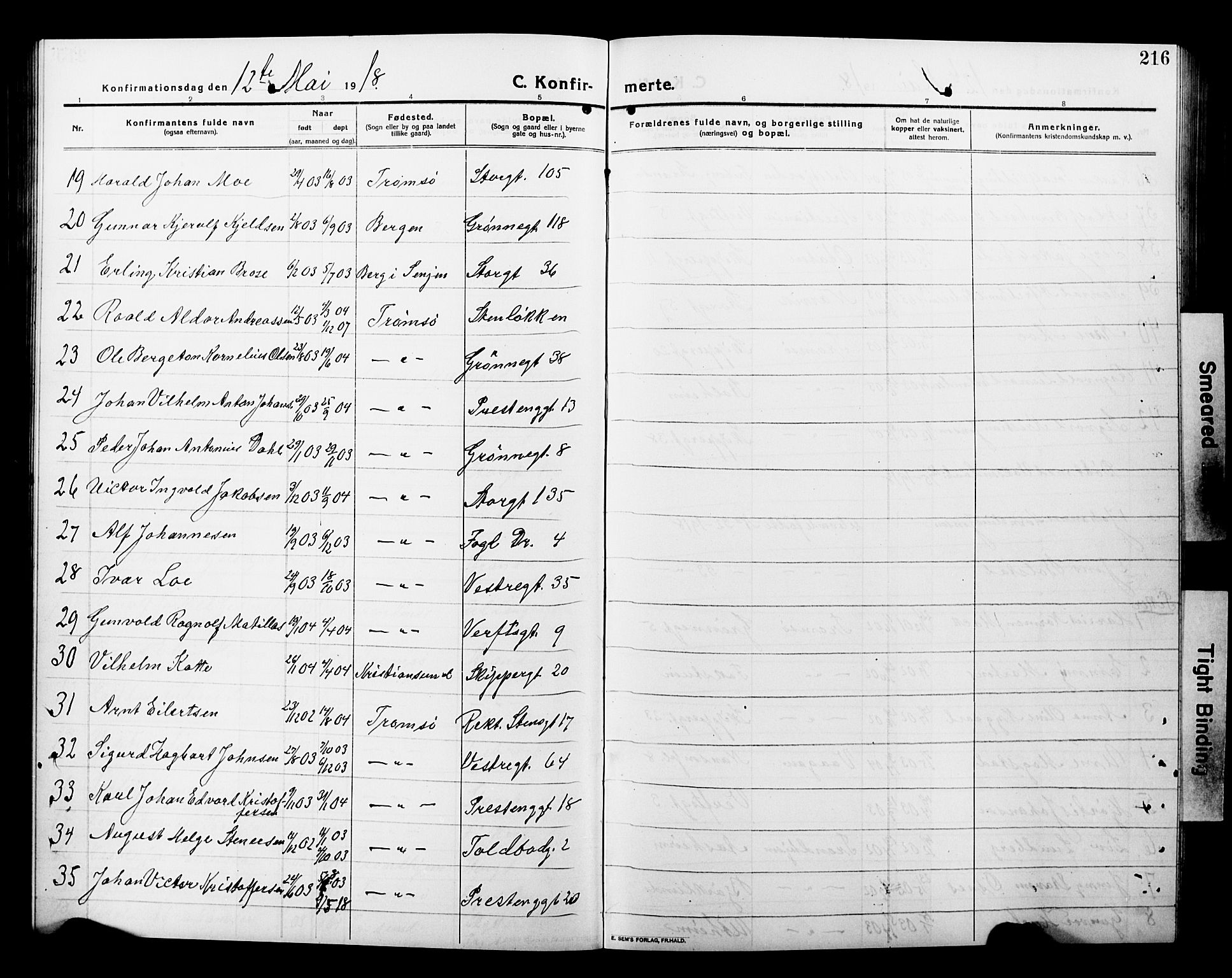 Tromsø sokneprestkontor/stiftsprosti/domprosti, AV/SATØ-S-1343/G/Gb/L0009klokker: Parish register (copy) no. 9, 1915-1925, p. 216