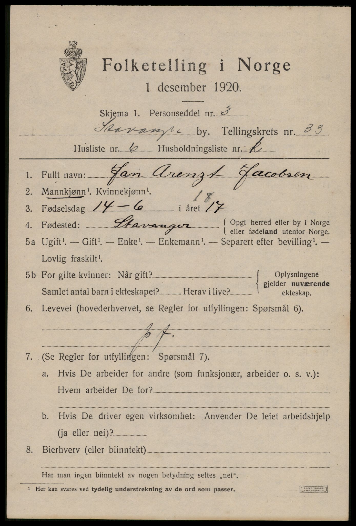 SAST, 1920 census for Stavanger, 1920, p. 90770