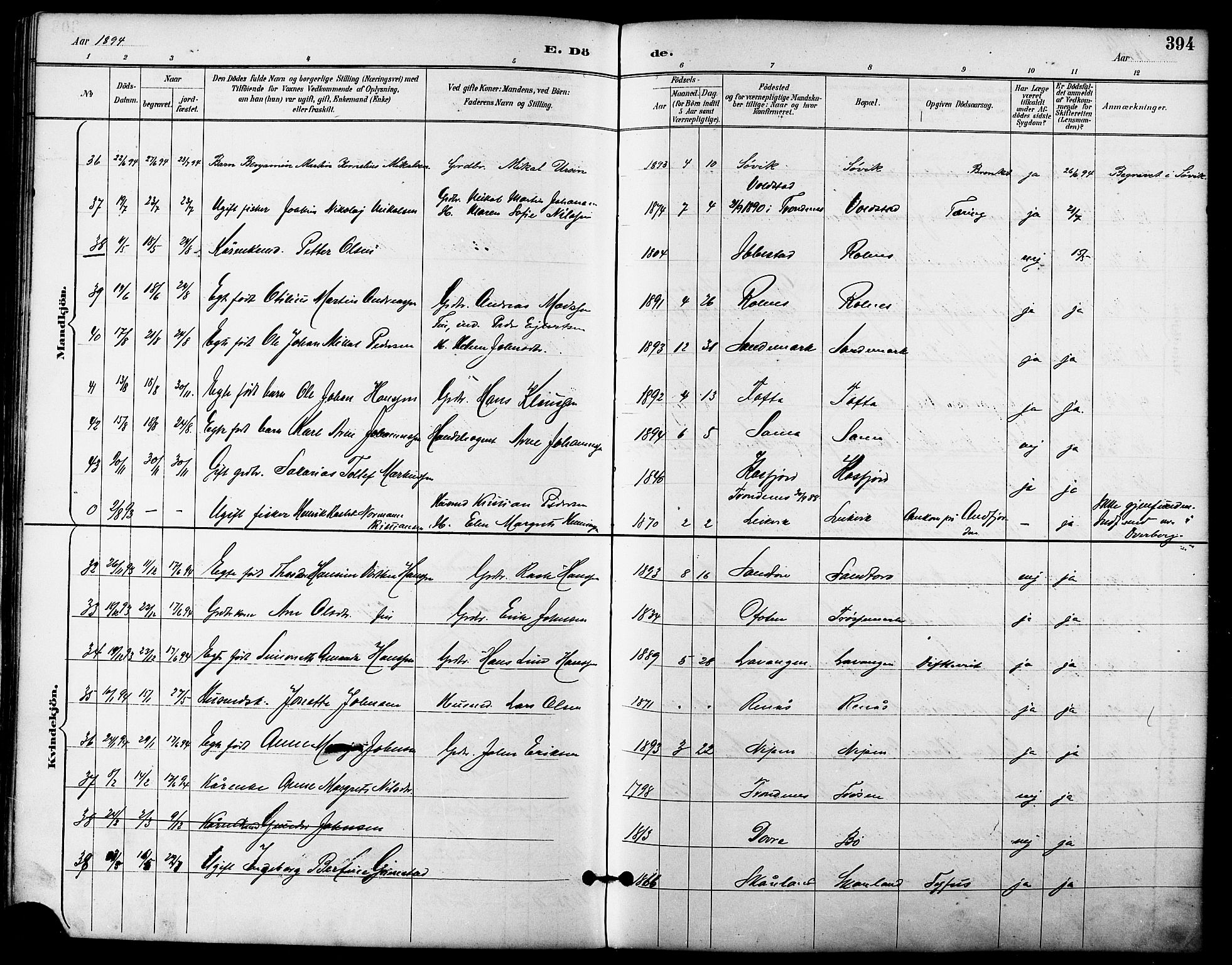 Trondenes sokneprestkontor, SATØ/S-1319/H/Ha/L0016kirke: Parish register (official) no. 16, 1890-1898, p. 394