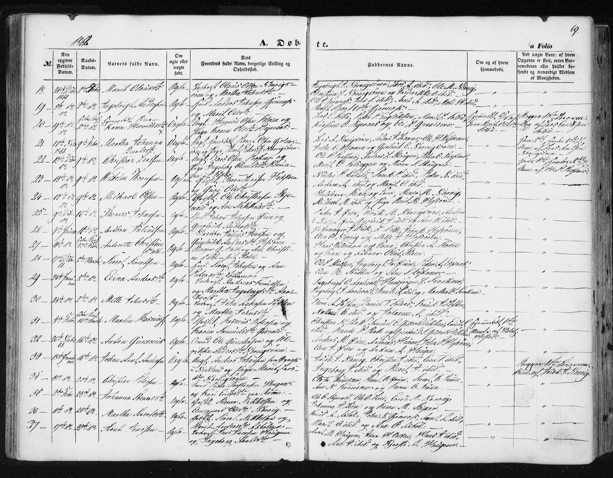 Ministerialprotokoller, klokkerbøker og fødselsregistre - Sør-Trøndelag, AV/SAT-A-1456/668/L0806: Parish register (official) no. 668A06, 1854-1869, p. 69