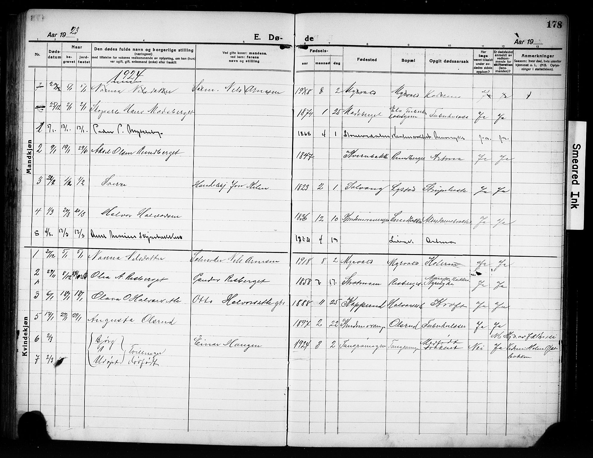 Våler prestekontor, Hedmark, AV/SAH-PREST-040/H/Ha/Hab/L0004: Parish register (copy) no. 4, 1922-1931, p. 178
