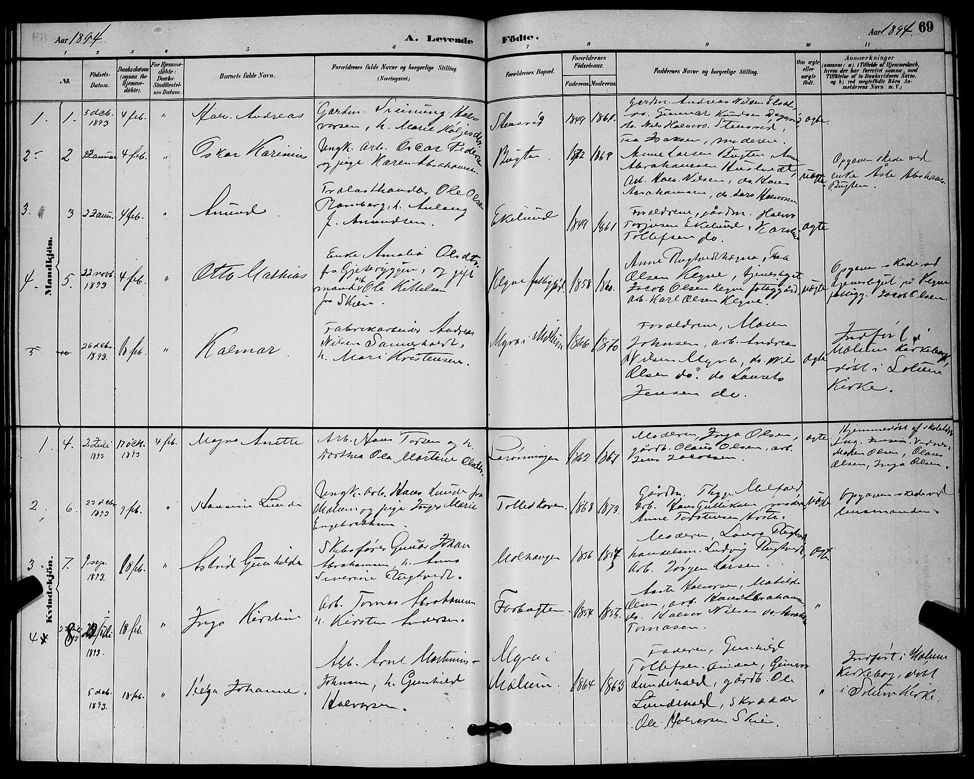 Solum kirkebøker, AV/SAKO-A-306/G/Ga/L0007: Parish register (copy) no. I 7, 1884-1898, p. 69