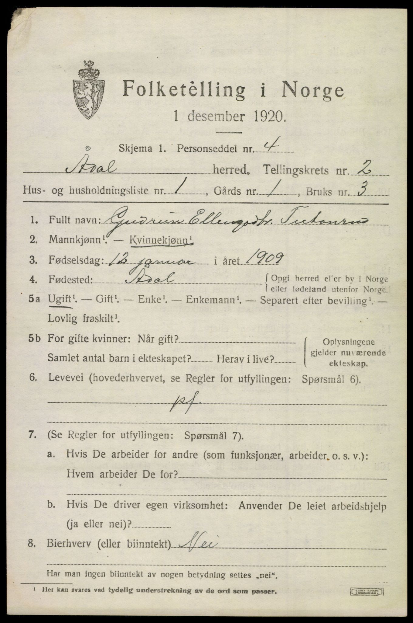 SAKO, 1920 census for Ådal, 1920, p. 2180