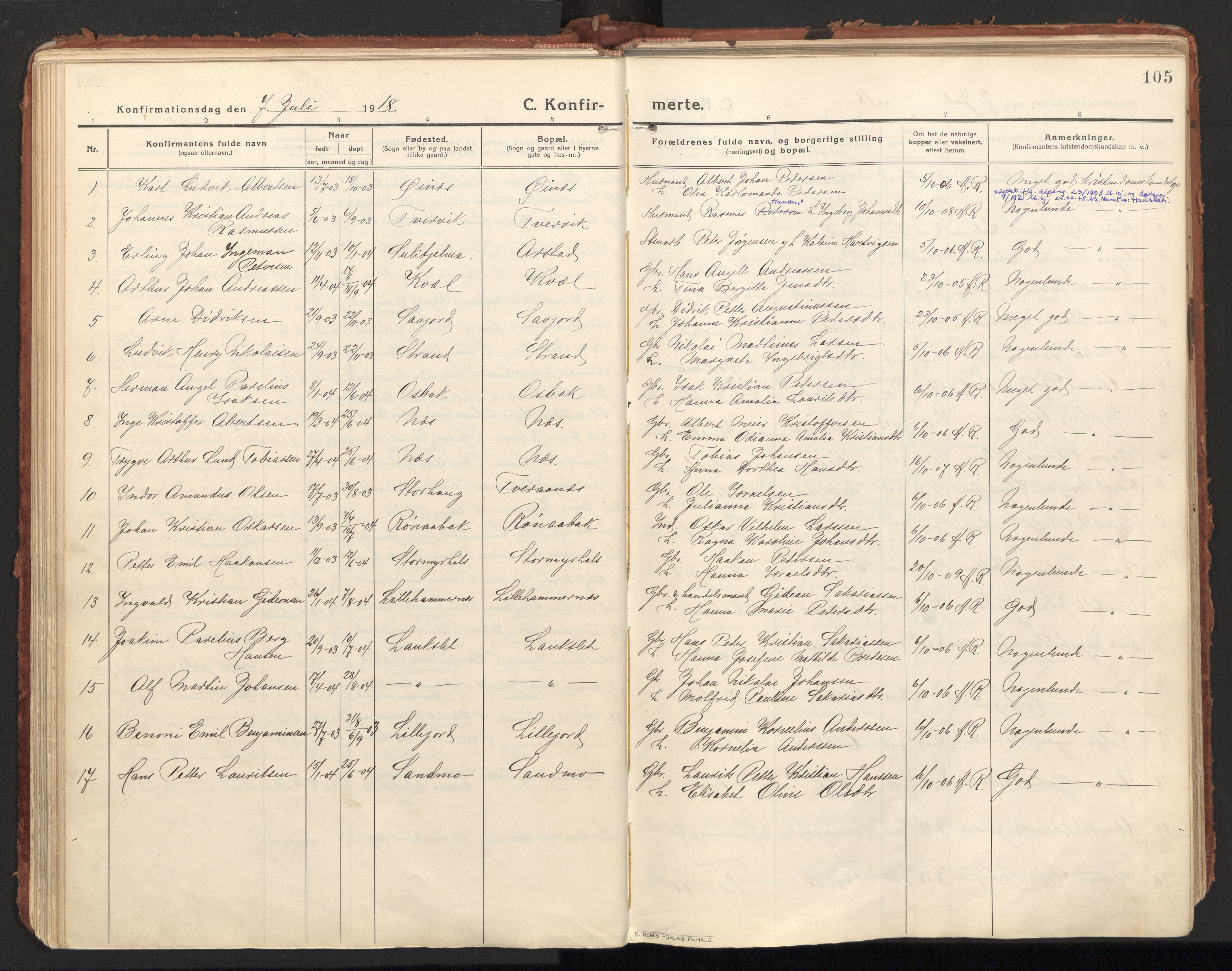 Ministerialprotokoller, klokkerbøker og fødselsregistre - Nordland, SAT/A-1459/846/L0650: Parish register (official) no. 846A08, 1916-1935, p. 105
