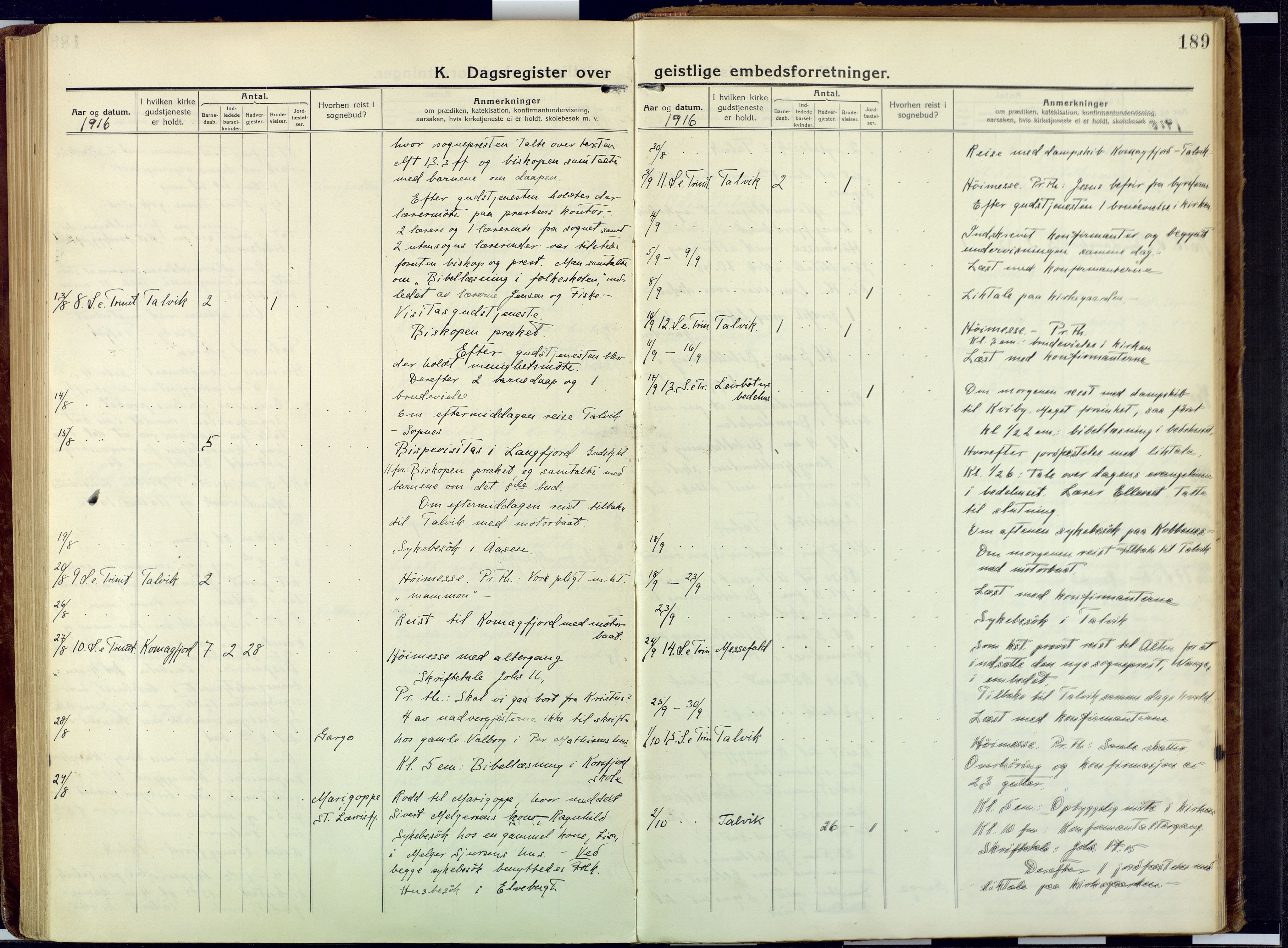 Talvik sokneprestkontor, AV/SATØ-S-1337/H/Ha/L0018kirke: Parish register (official) no. 18, 1915-1924, p. 189