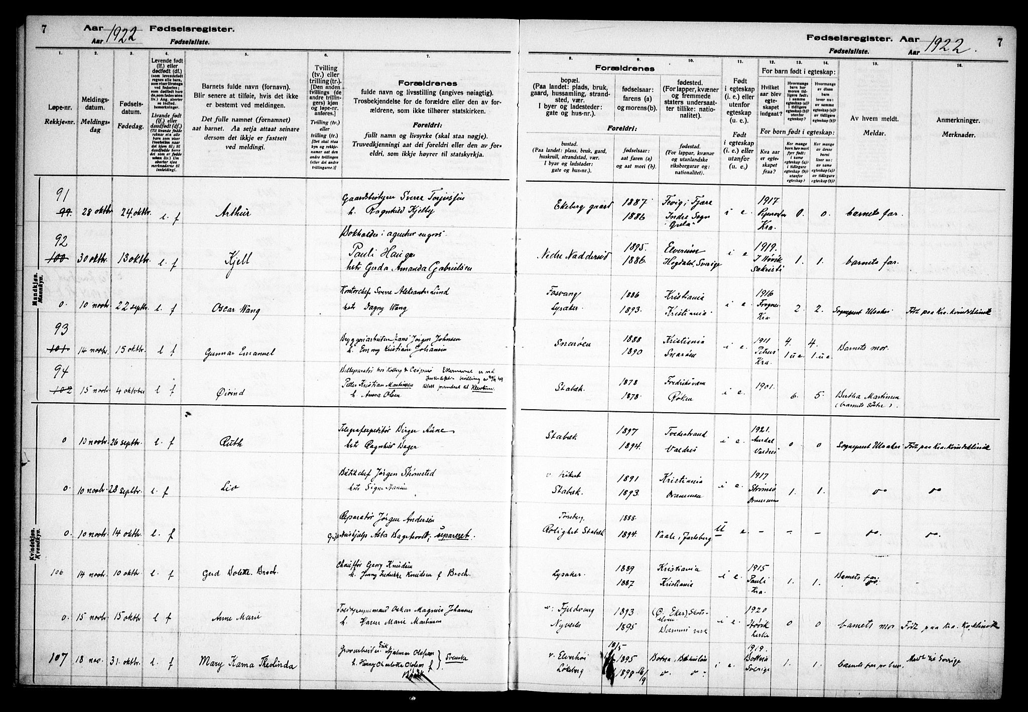 Østre Bærum prestekontor Kirkebøker, AV/SAO-A-10887/J/Ja/L0002: Birth register no. 2, 1922-1928, p. 7