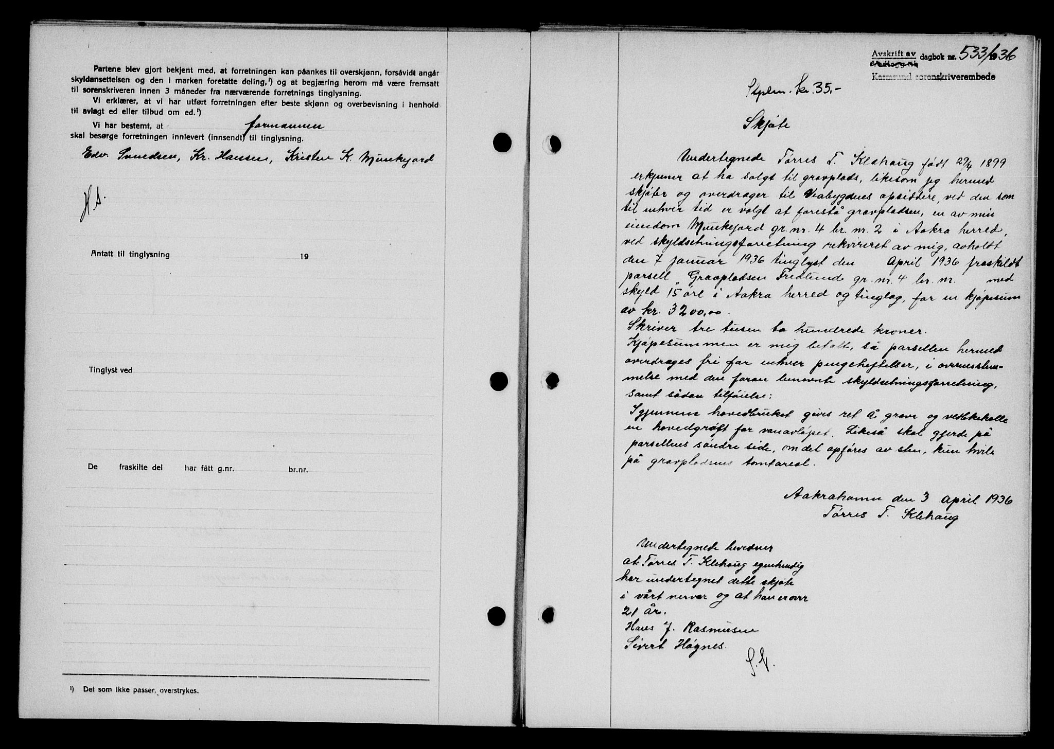 Karmsund sorenskriveri, SAST/A-100311/01/II/IIB/L0066: Mortgage book no. 47A, 1936-1936, Diary no: : 533/1936
