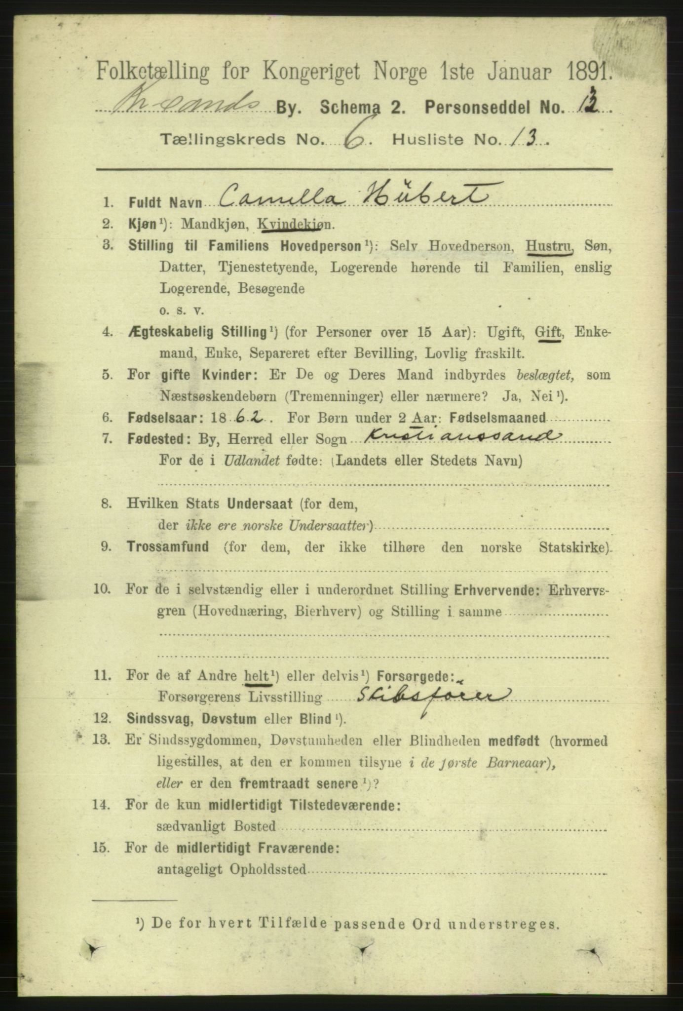 RA, 1891 census for 1001 Kristiansand, 1891, p. 4595