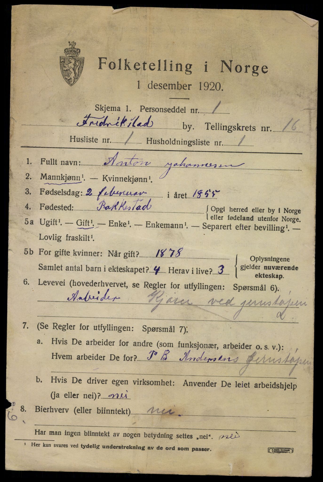 SAO, 1920 census for Fredrikstad, 1920, p. 37045