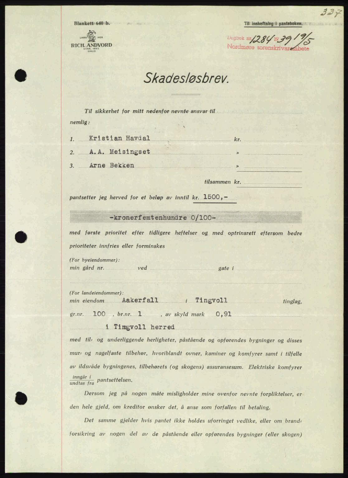 Nordmøre sorenskriveri, AV/SAT-A-4132/1/2/2Ca: Mortgage book no. B85, 1939-1939, Diary no: : 1284/1939