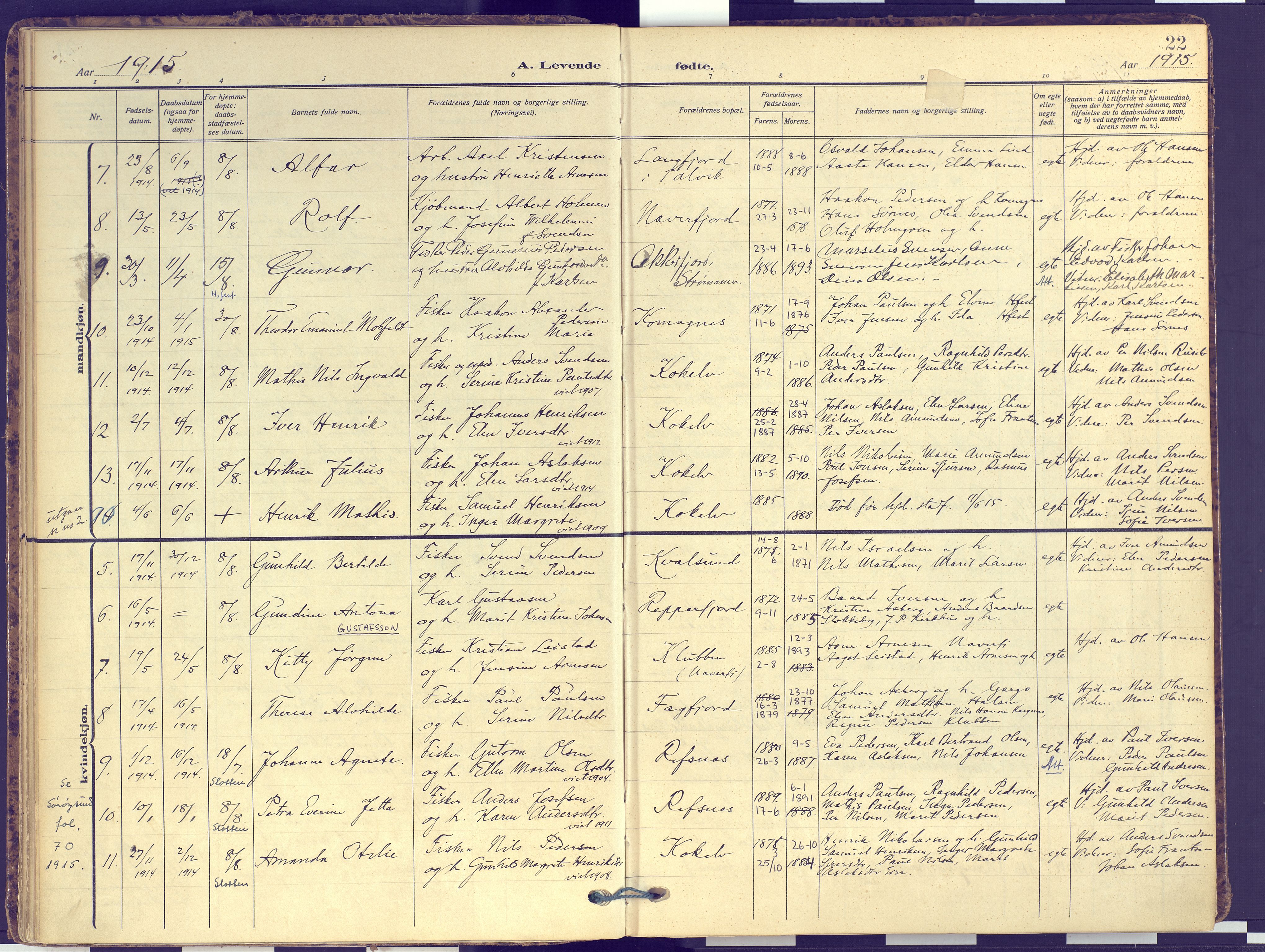 Hammerfest sokneprestkontor, SATØ/S-1347: Parish register (official) no. 16, 1908-1923, p. 22
