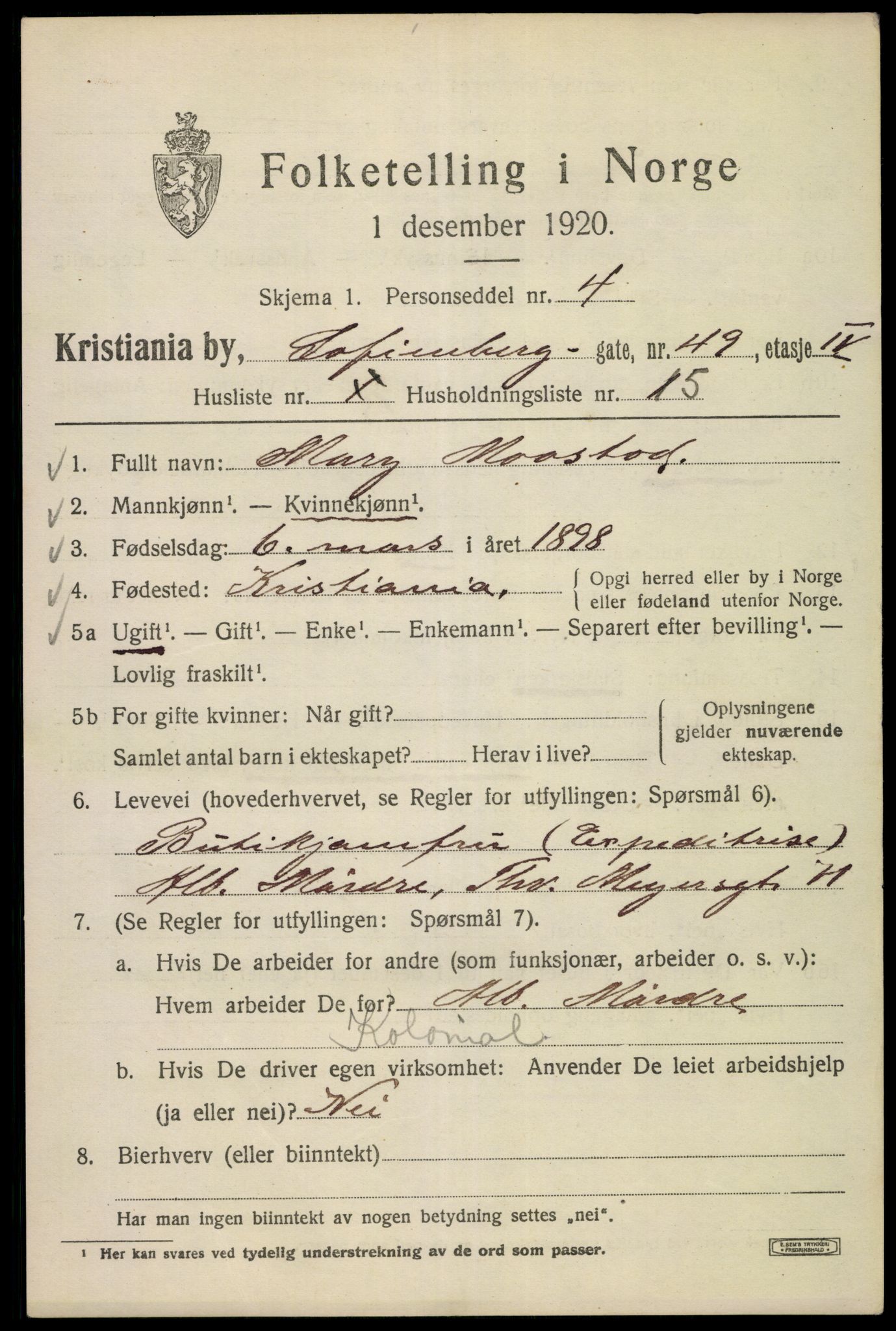 SAO, 1920 census for Kristiania, 1920, p. 524181