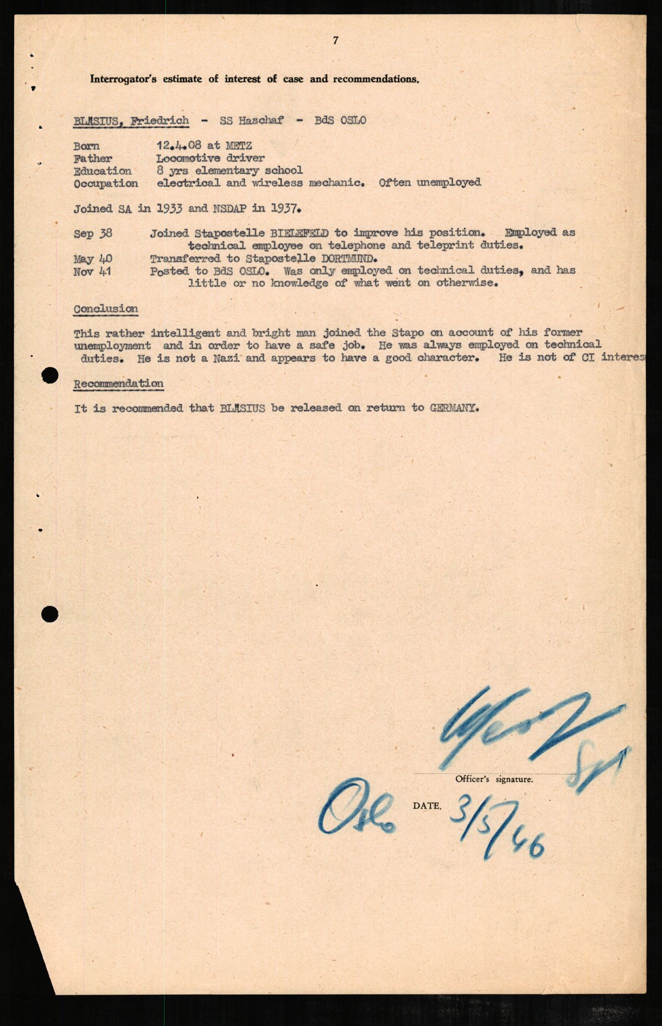 Forsvaret, Forsvarets overkommando II, RA/RAFA-3915/D/Db/L0003: CI Questionaires. Tyske okkupasjonsstyrker i Norge. Tyskere., 1945-1946, p. 282