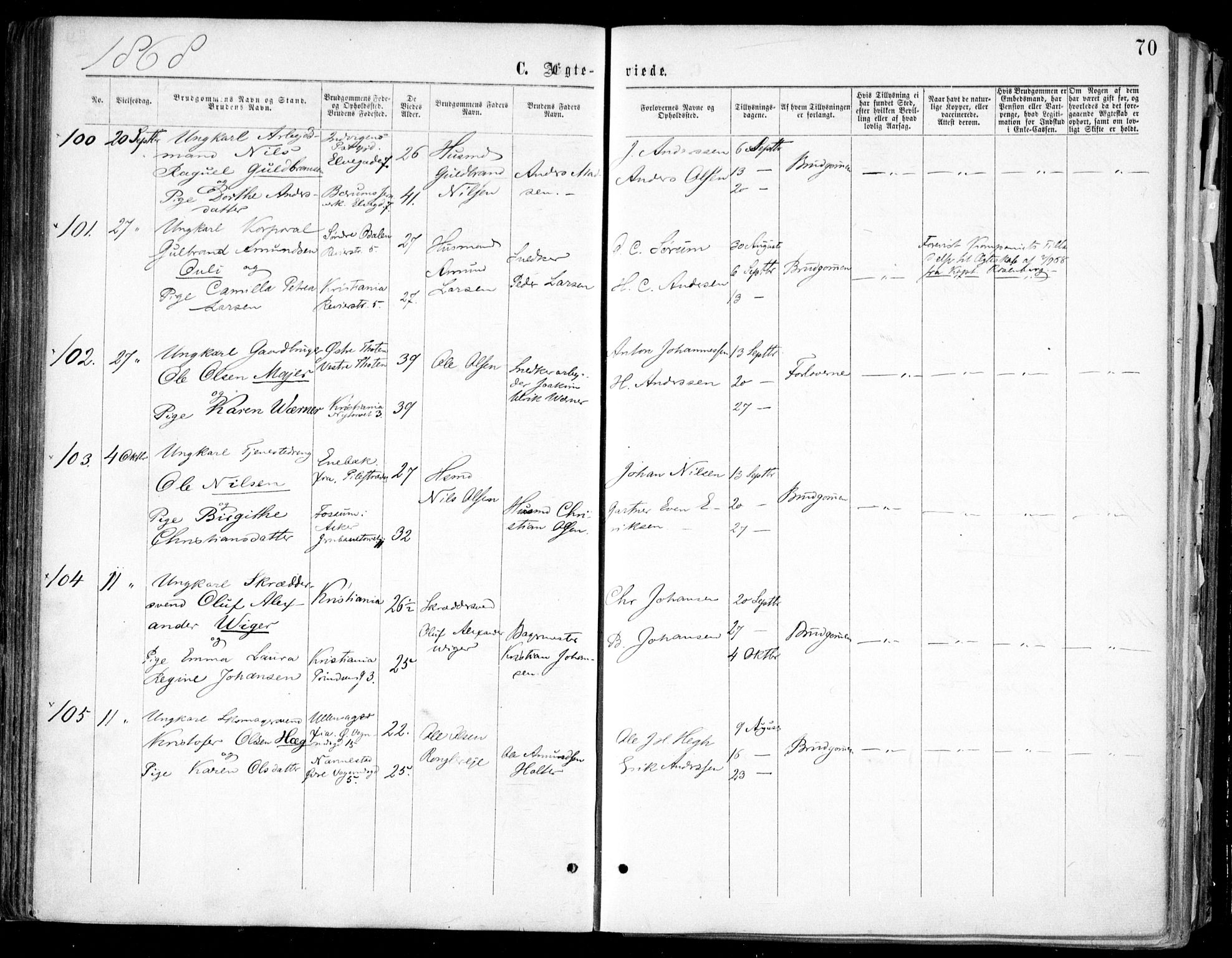 Oslo domkirke Kirkebøker, SAO/A-10752/F/Fa/L0021: Parish register (official) no. 21, 1865-1884, p. 70
