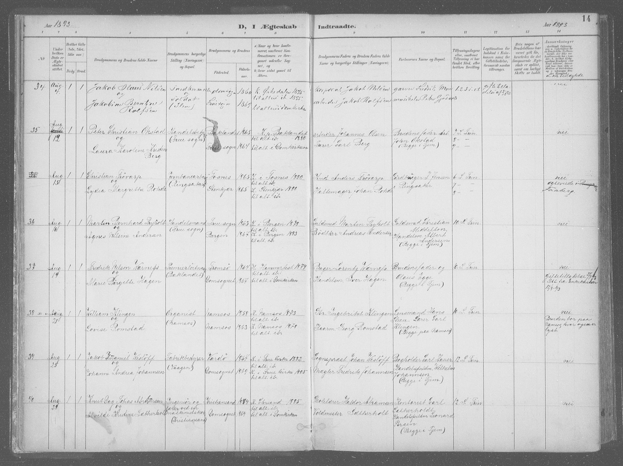 Ministerialprotokoller, klokkerbøker og fødselsregistre - Sør-Trøndelag, AV/SAT-A-1456/601/L0064: Parish register (official) no. 601A31, 1891-1911, p. 14