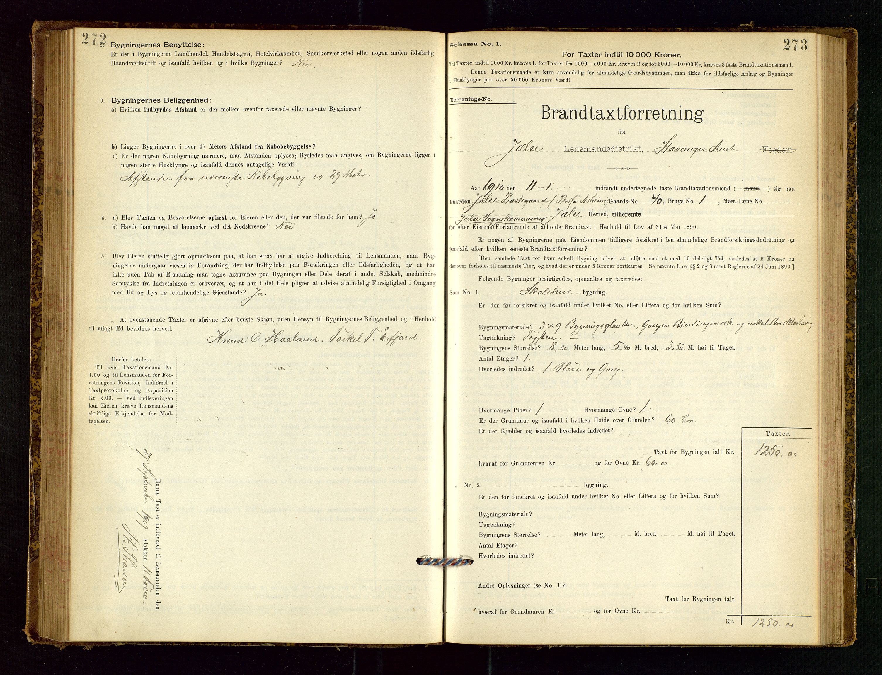 Jelsa lensmannskontor, SAST/A-100360/Gob/L0001: "Brandtaxationsprotocol", 1895-1918, p. 272-273