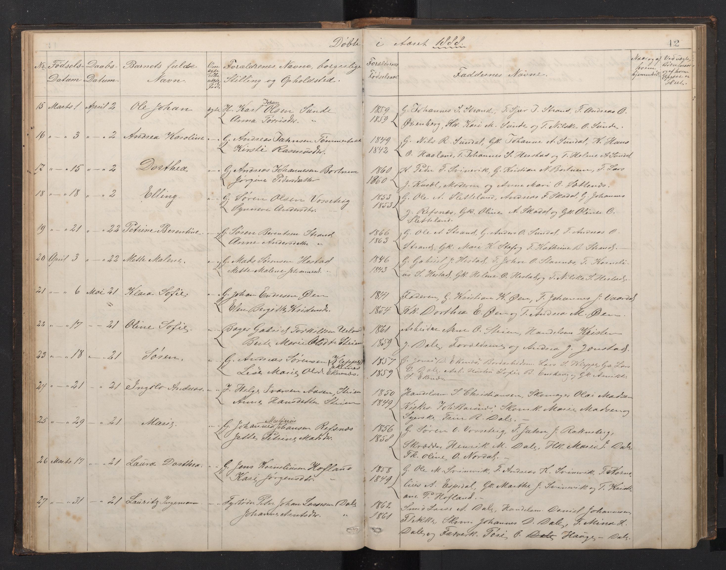 Fjaler sokneprestembete, SAB/A-79801/H/Hab/Habc/L0002: Parish register (copy) no. C 2, 1879-1893, p. 41b-42a