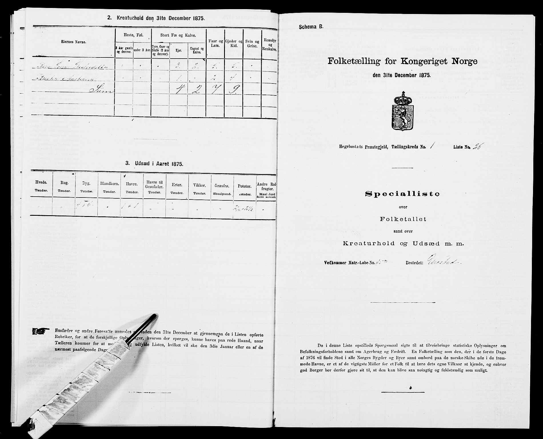 SAK, 1875 census for 1034P Hægebostad, 1875, p. 94