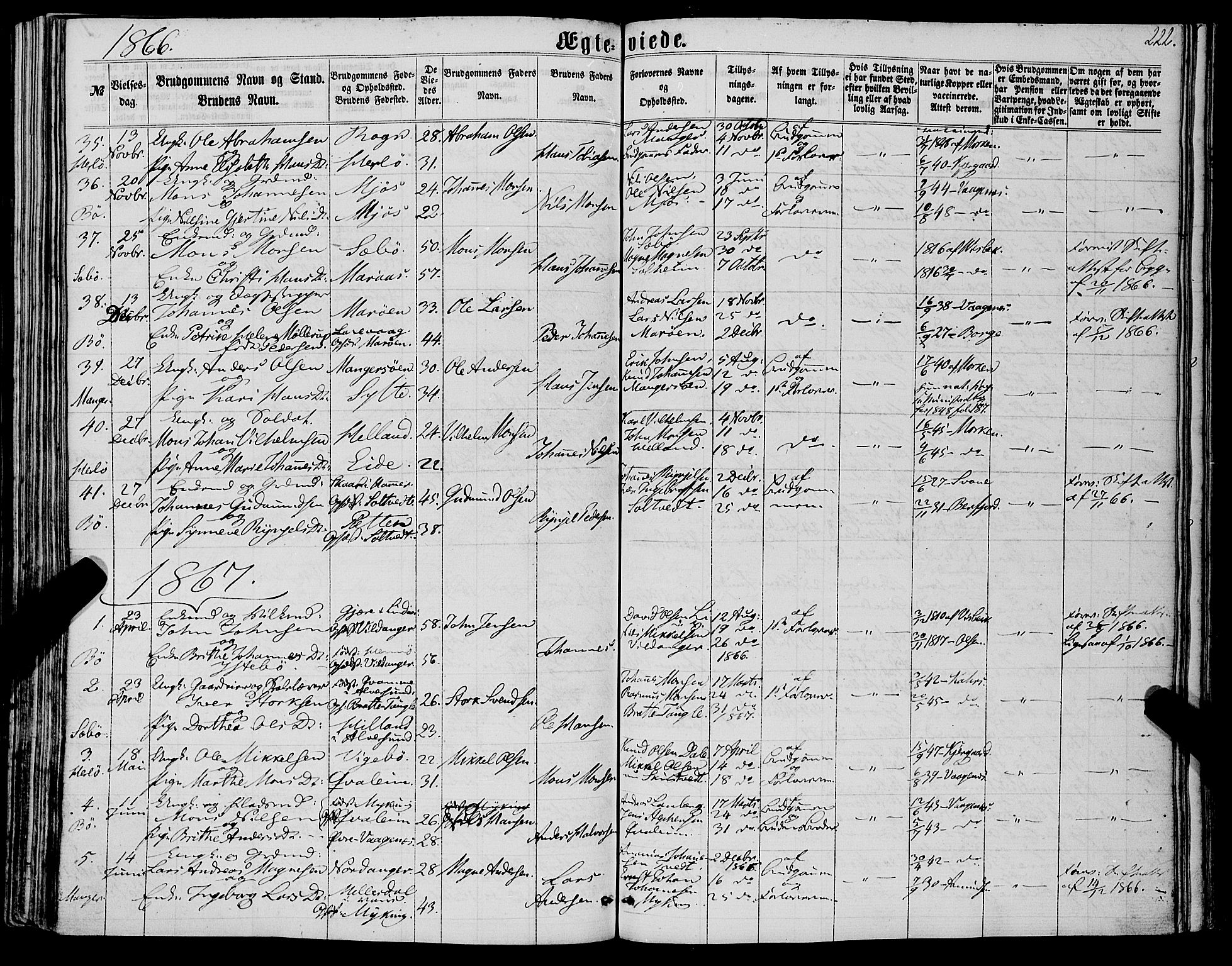 Manger sokneprestembete, SAB/A-76801/H/Haa: Parish register (official) no. A 7, 1860-1870, p. 222