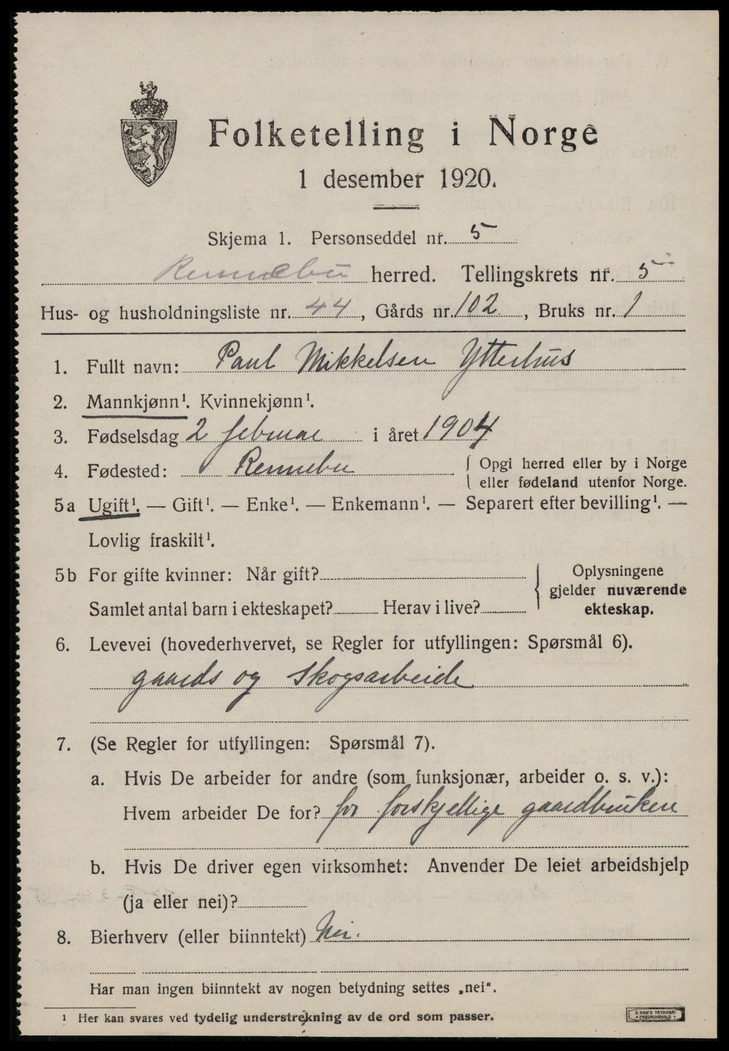 SAT, 1920 census for Rennebu, 1920, p. 4428