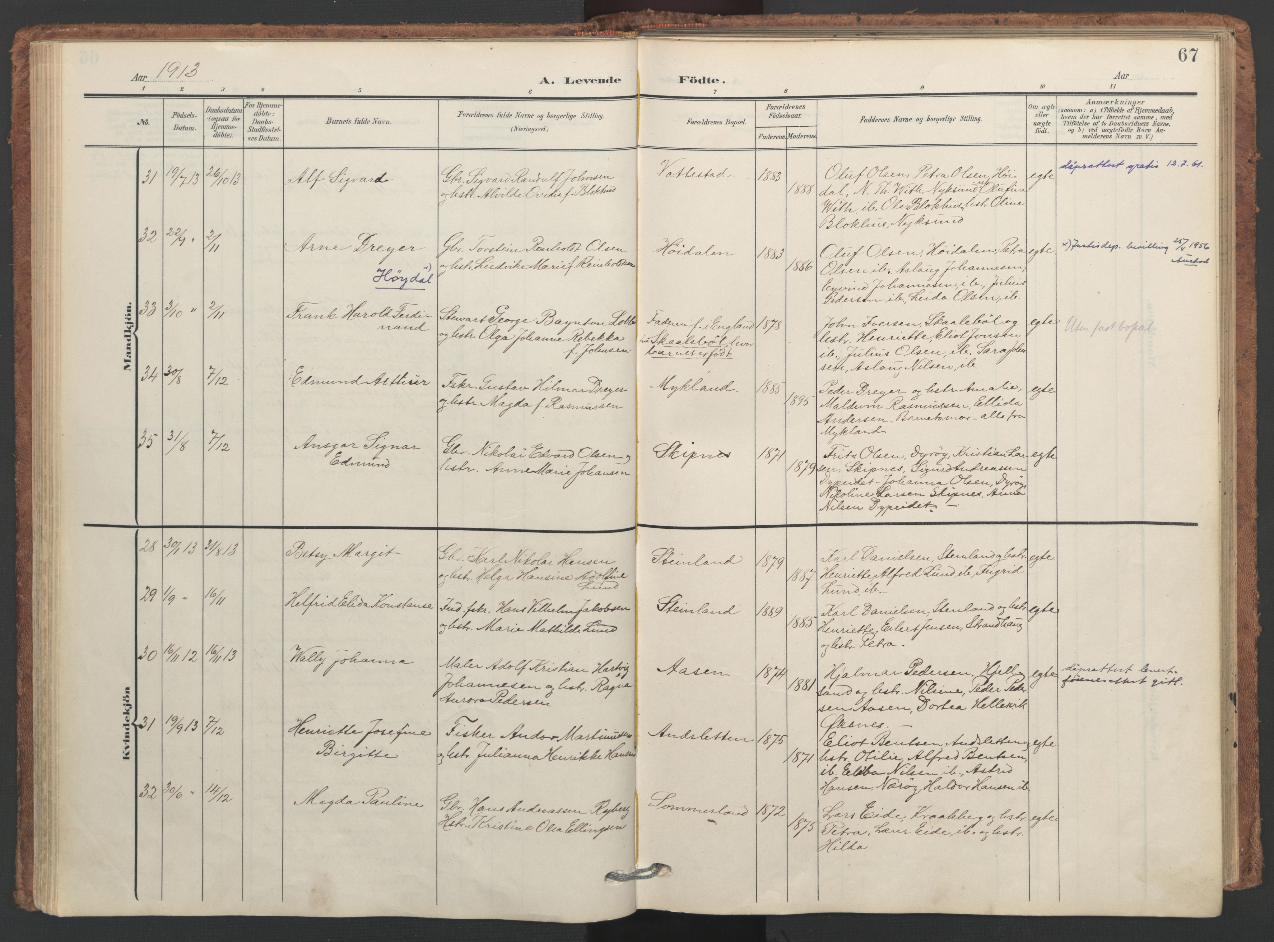 Ministerialprotokoller, klokkerbøker og fødselsregistre - Nordland, SAT/A-1459/893/L1339: Parish register (official) no. 893A11, 1904-1914, p. 67