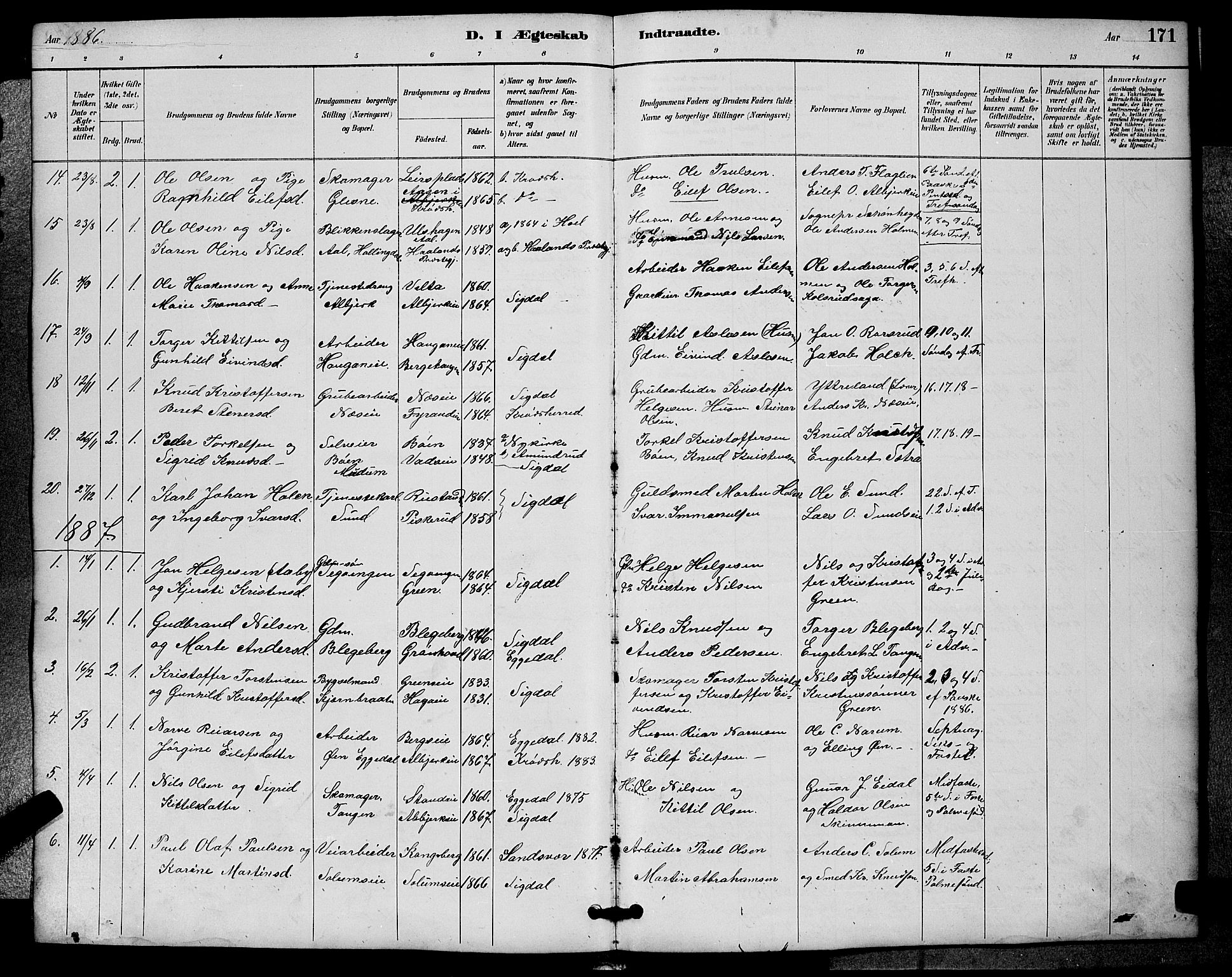 Sigdal kirkebøker, AV/SAKO-A-245/G/Ga/L0005: Parish register (copy) no. I 5, 1886-1900, p. 171