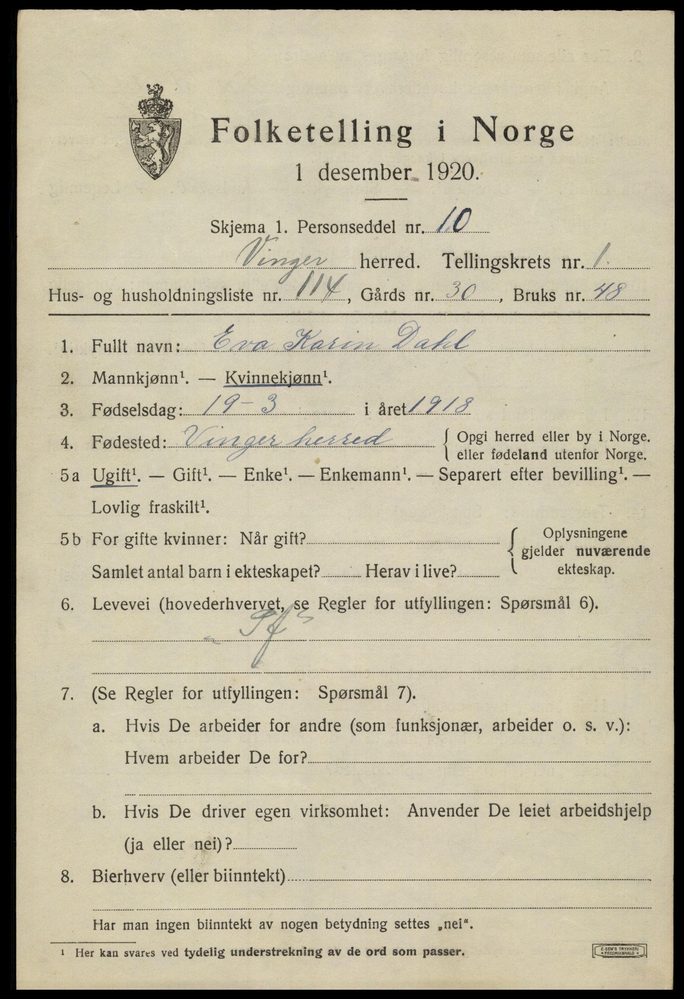 SAH, 1920 census for Vinger, 1920, p. 3226