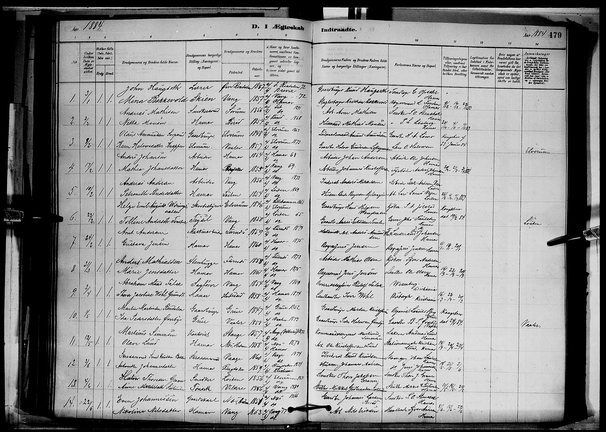 Vang prestekontor, Hedmark, SAH/PREST-008/H/Ha/Hab/L0012: Parish register (copy) no. 12, 1878-1889, p. 179