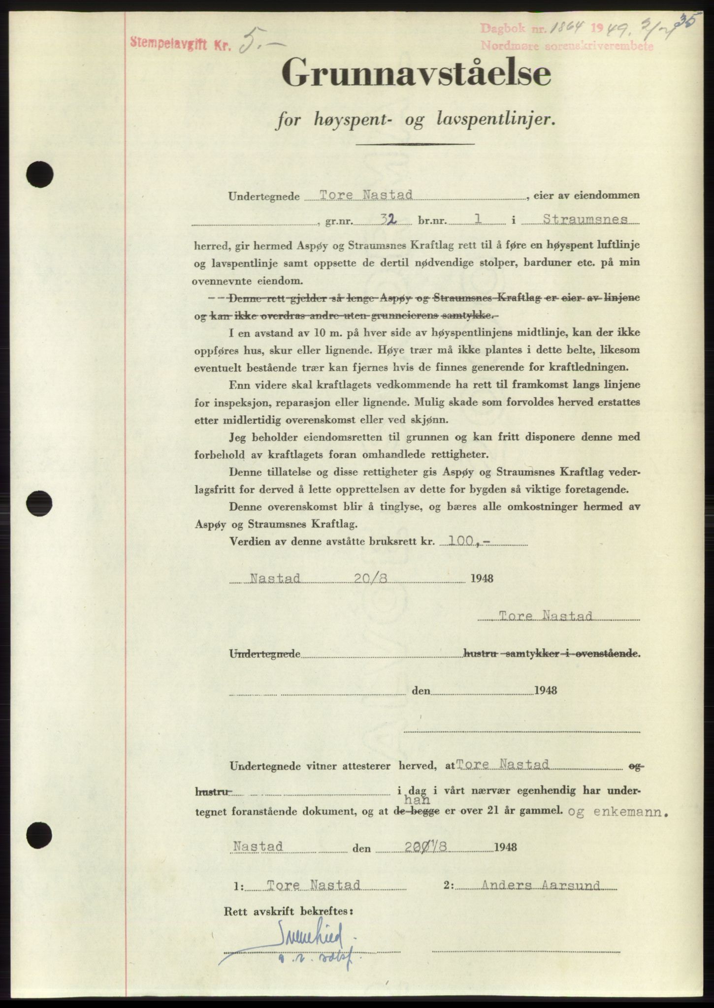 Nordmøre sorenskriveri, AV/SAT-A-4132/1/2/2Ca: Mortgage book no. B102, 1949-1949, Diary no: : 1864/1949