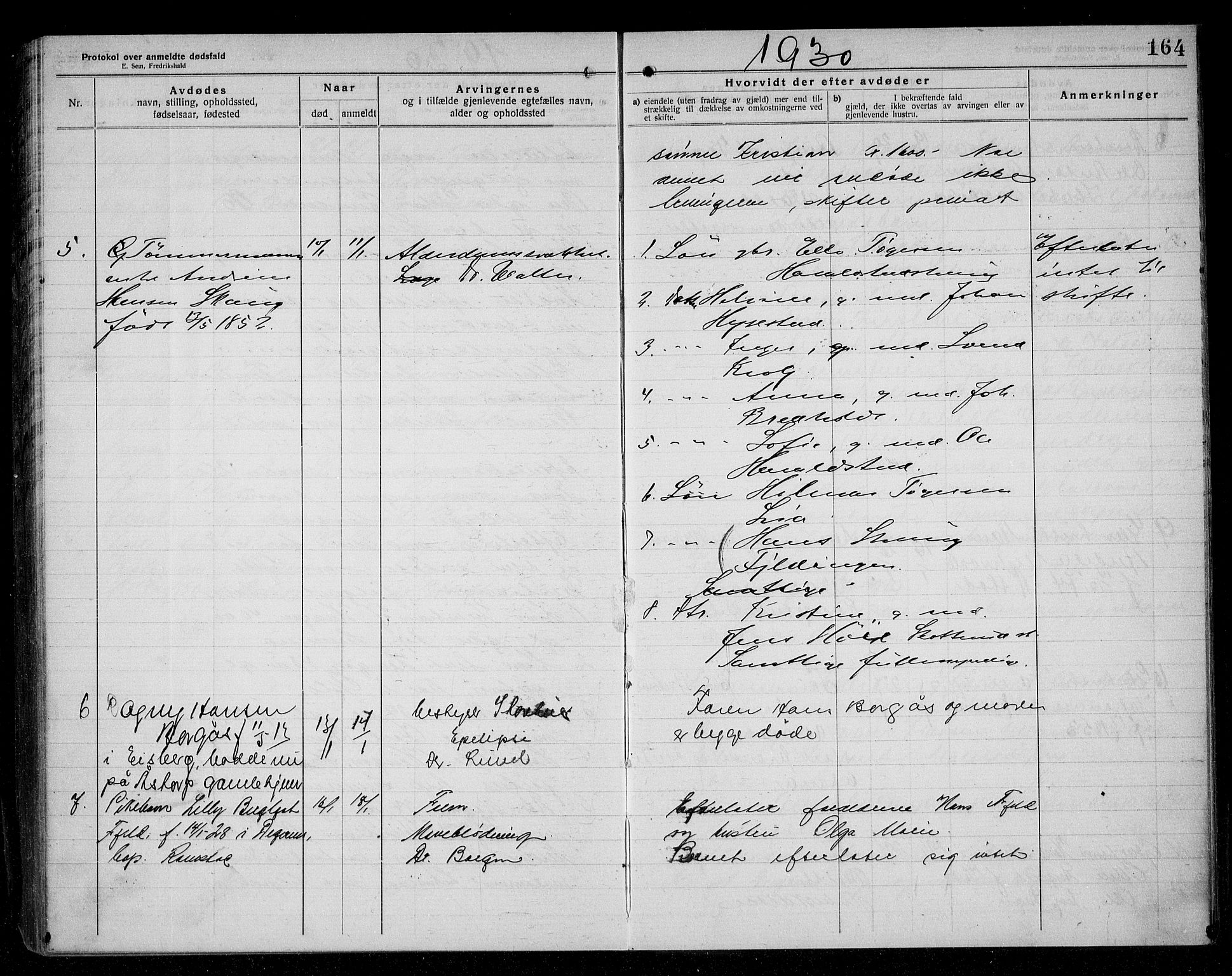 Rakkestad lensmannskontor, SAO/A-10004/H/Ha/Haa/L0004: Dødsanmeldelsesprotokoll, 1920-1931, p. 164