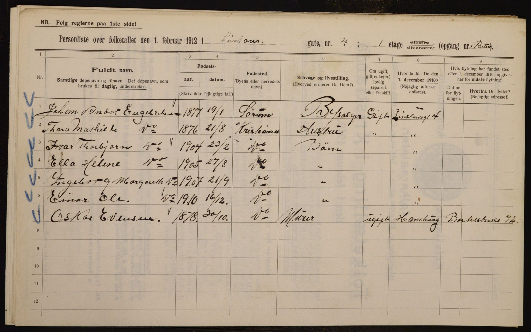 OBA, Municipal Census 1912 for Kristiania, 1912, p. 58053