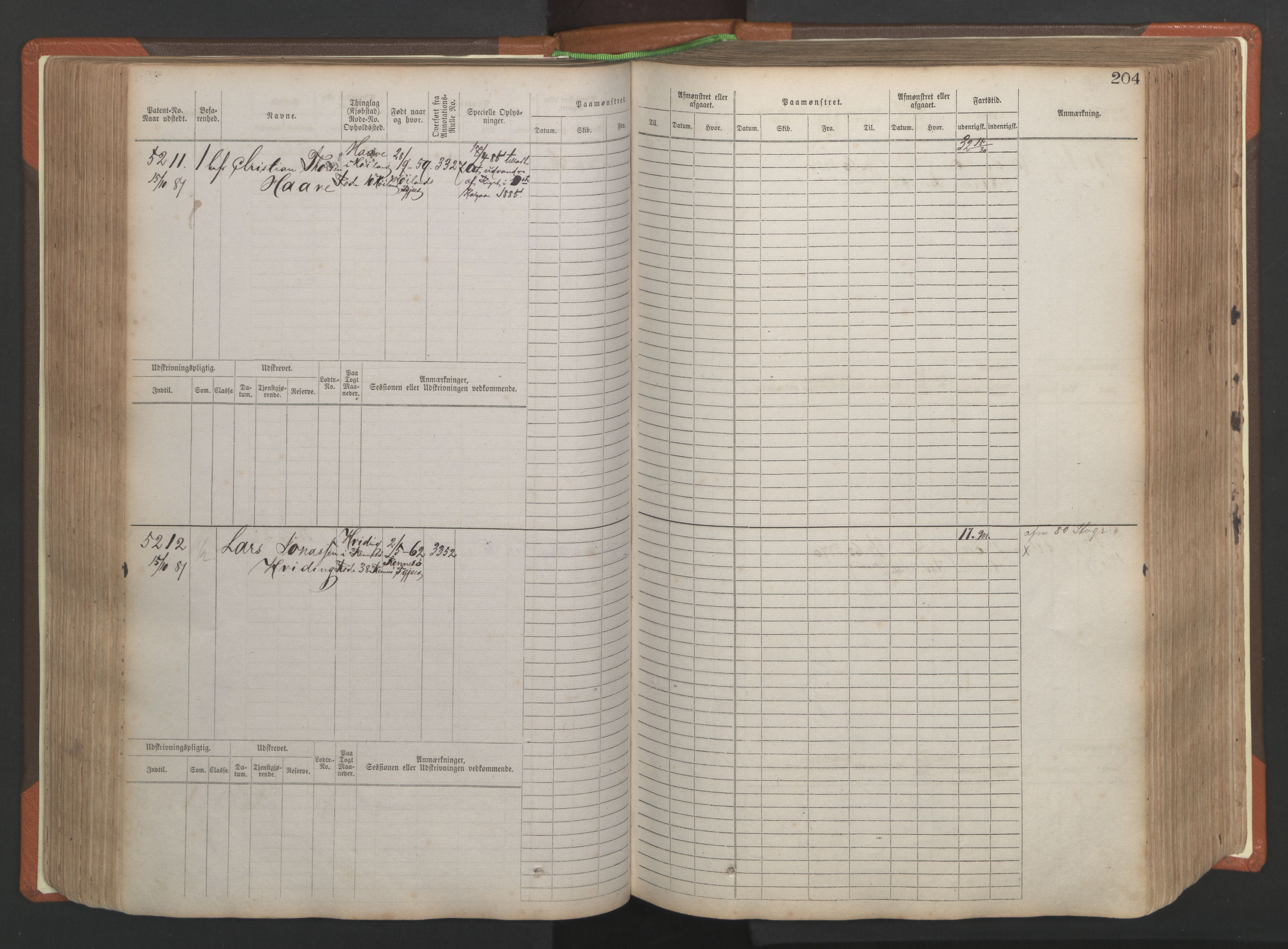 Stavanger sjømannskontor, AV/SAST-A-102006/F/Fb/Fbb/L0009: Sjøfartshovedrulle, patentnr. 4805-6006, 1879-1887, p. 210