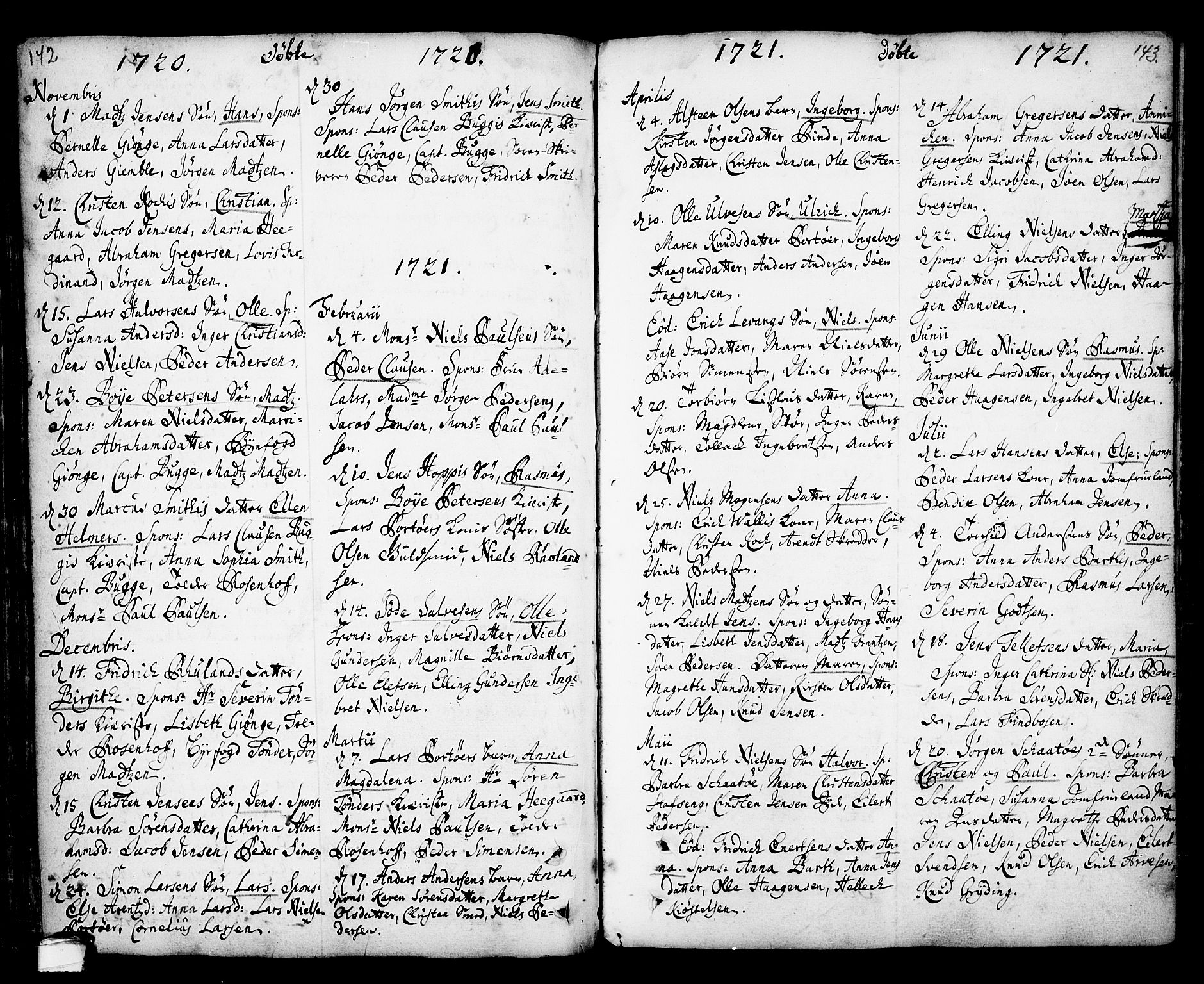 Kragerø kirkebøker, SAKO/A-278/F/Fa/L0001: Parish register (official) no. 1, 1702-1766, p. 142-143