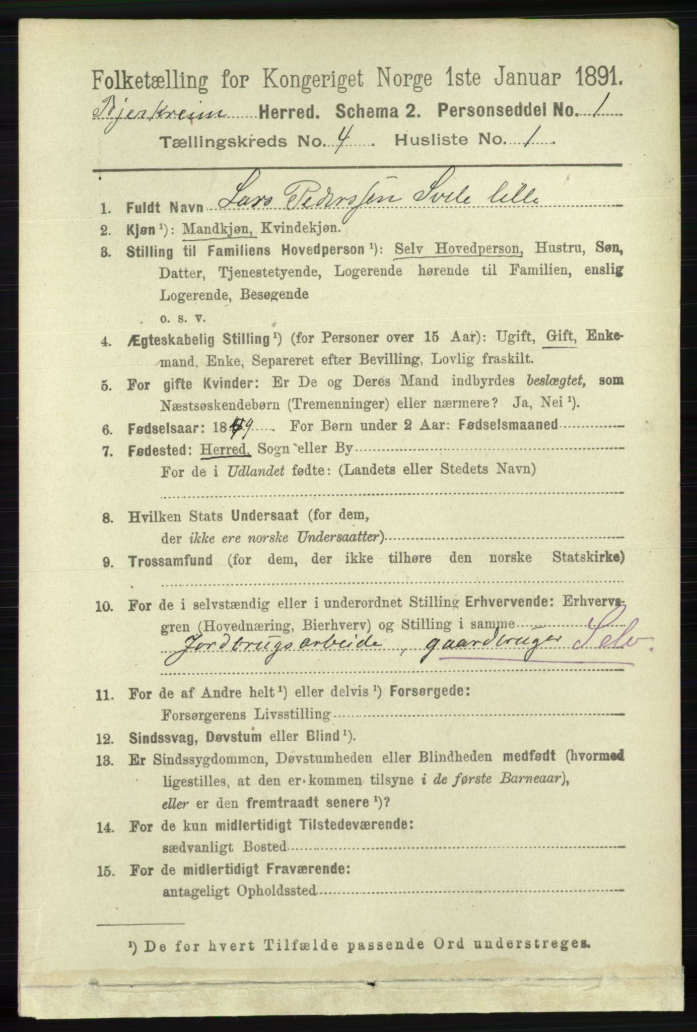 RA, 1891 census for 1114 Bjerkreim, 1891, p. 1226