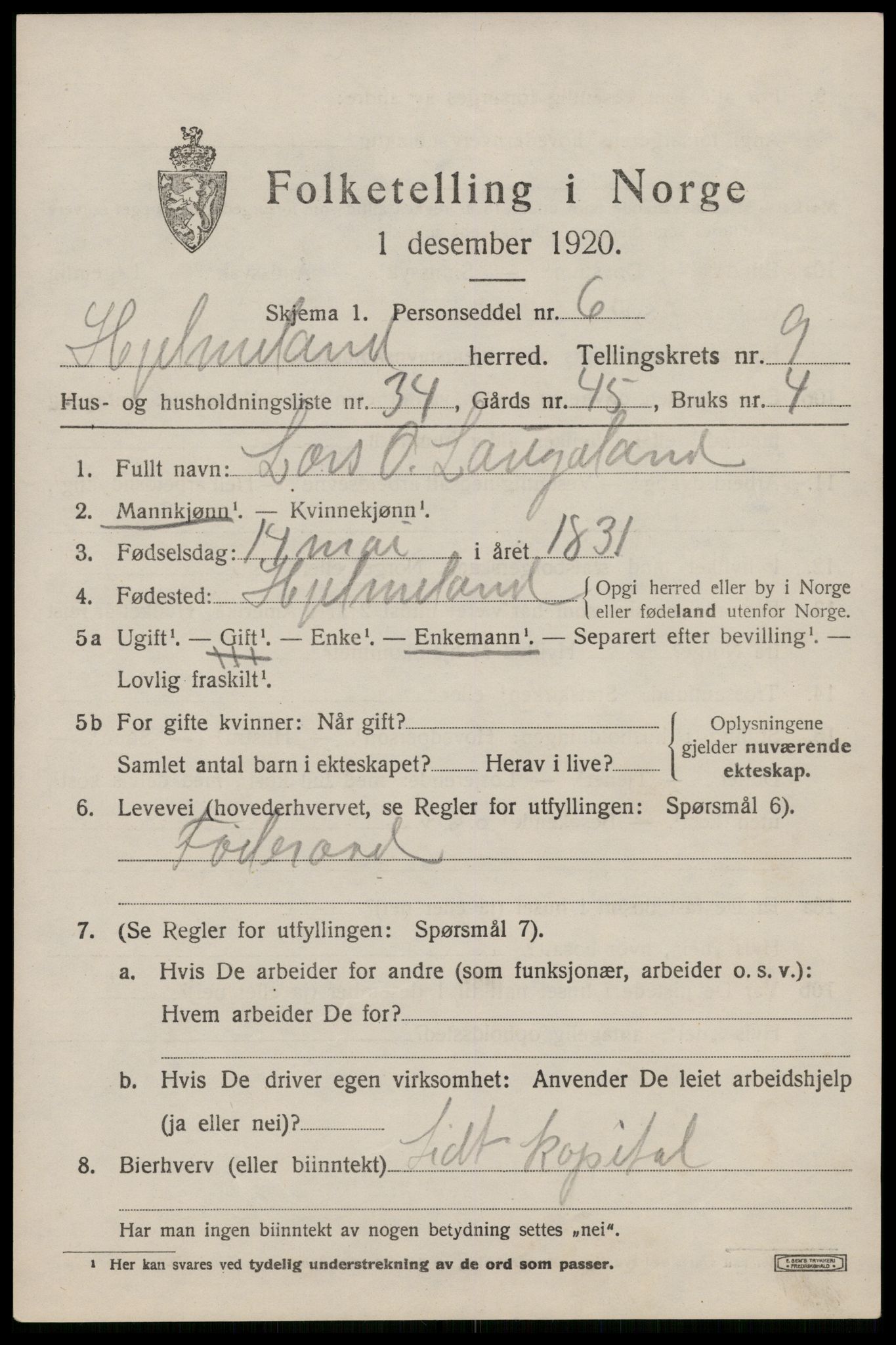 SAST, 1920 census for Hjelmeland, 1920, p. 3109