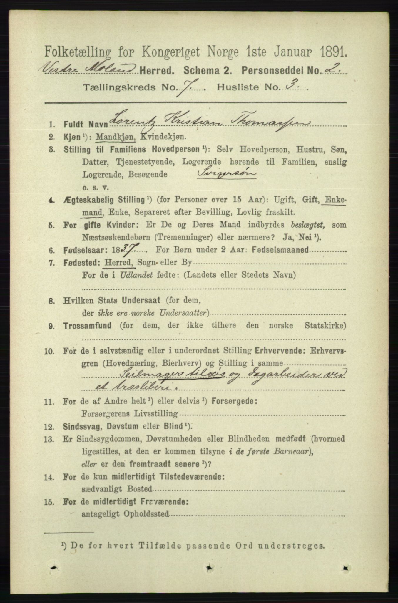 RA, 1891 census for 0926 Vestre Moland, 1891, p. 2807