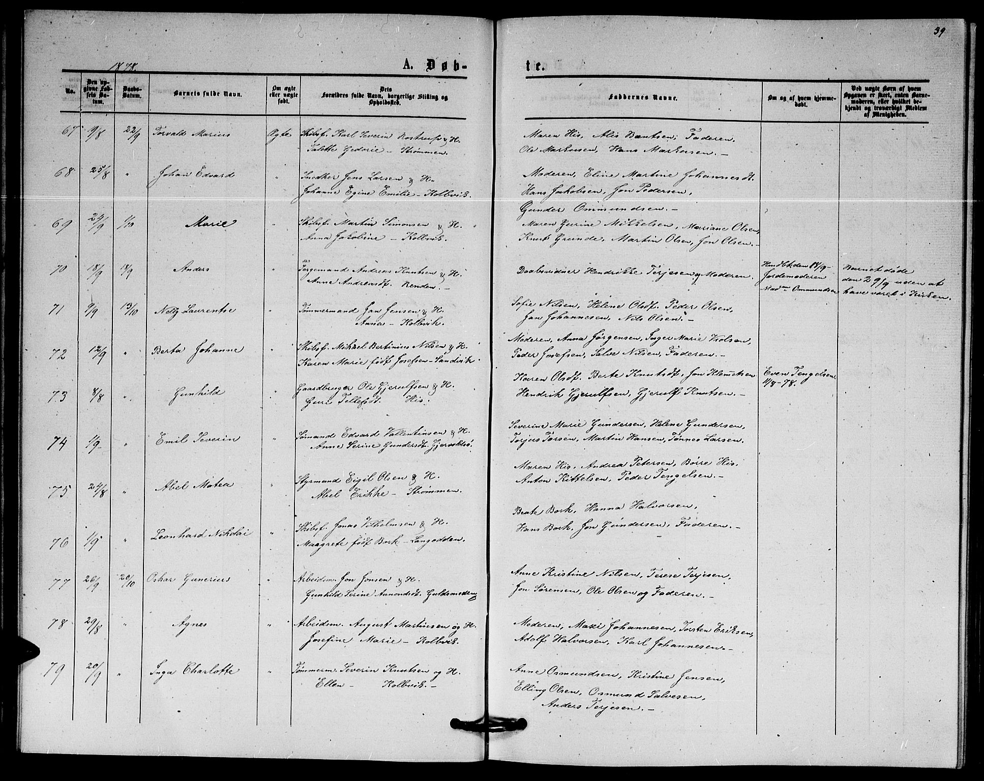 Hisøy sokneprestkontor, AV/SAK-1111-0020/F/Fb/L0002: Parish register (copy) no. B 2, 1873-1885, p. 39