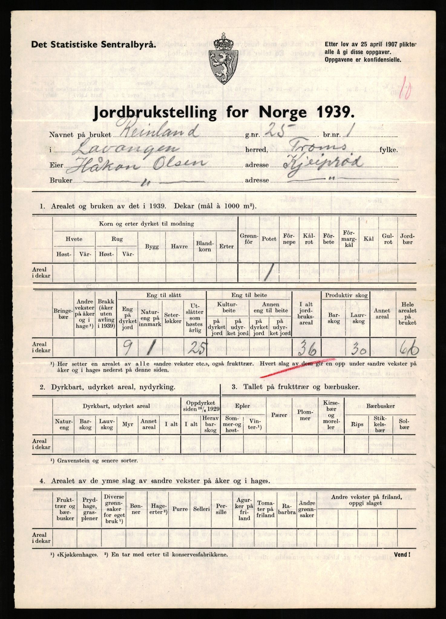 Statistisk sentralbyrå, Næringsøkonomiske emner, Jordbruk, skogbruk, jakt, fiske og fangst, AV/RA-S-2234/G/Gb/L0339: Troms: Andørja, Astafjord og Lavangen, 1939, p. 1187