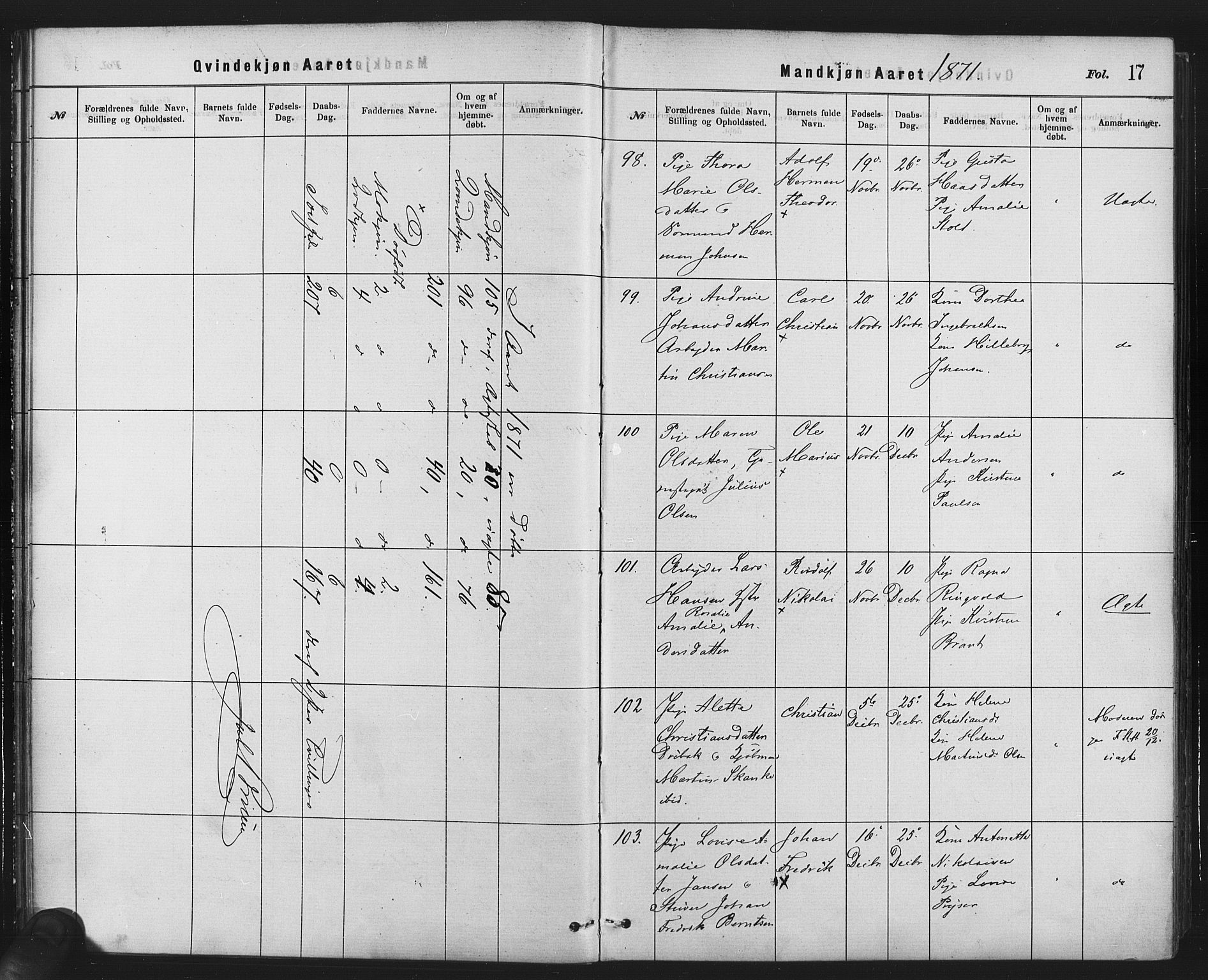Rikshospitalet prestekontor Kirkebøker, AV/SAO-A-10309b/F/L0006: Parish register (official) no. 6, 1871-1885, p. 17