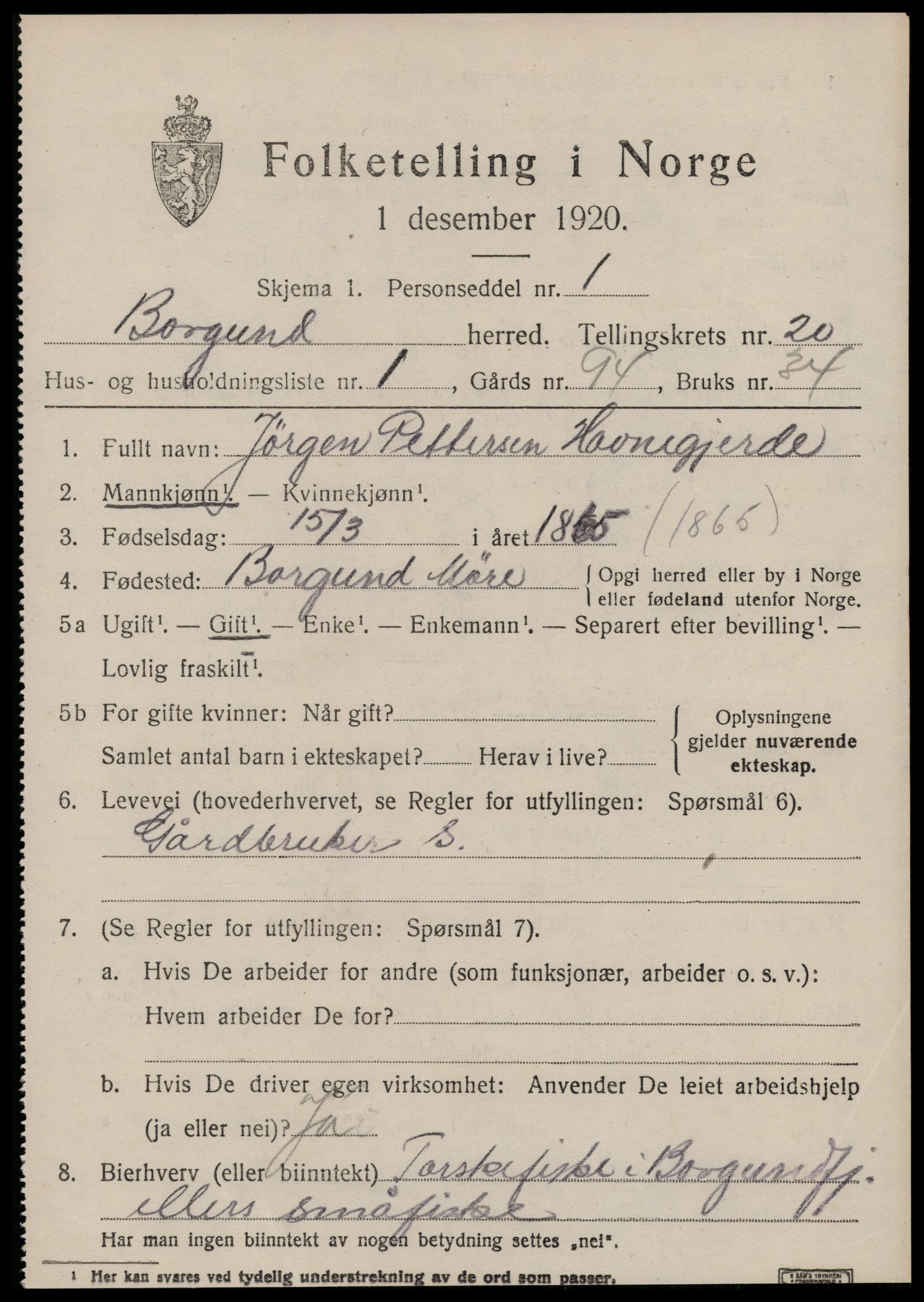 SAT, 1920 census for Borgund, 1920, p. 13812