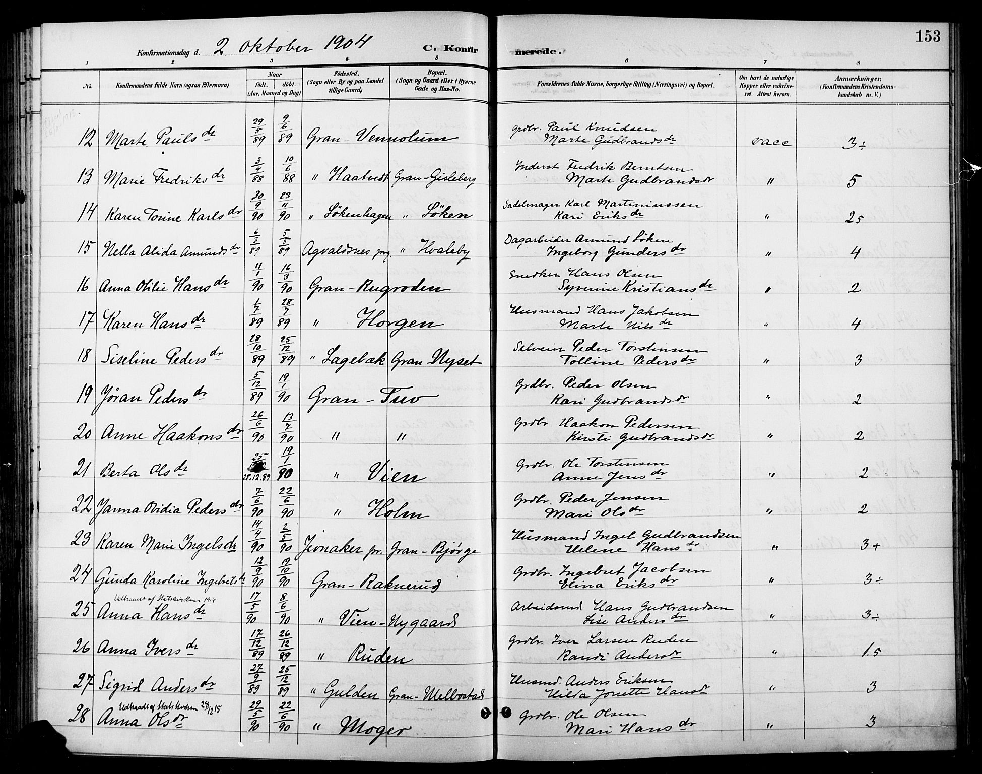 Gran prestekontor, AV/SAH-PREST-112/H/Ha/Haa/L0019: Parish register (official) no. 19, 1898-1907, p. 153