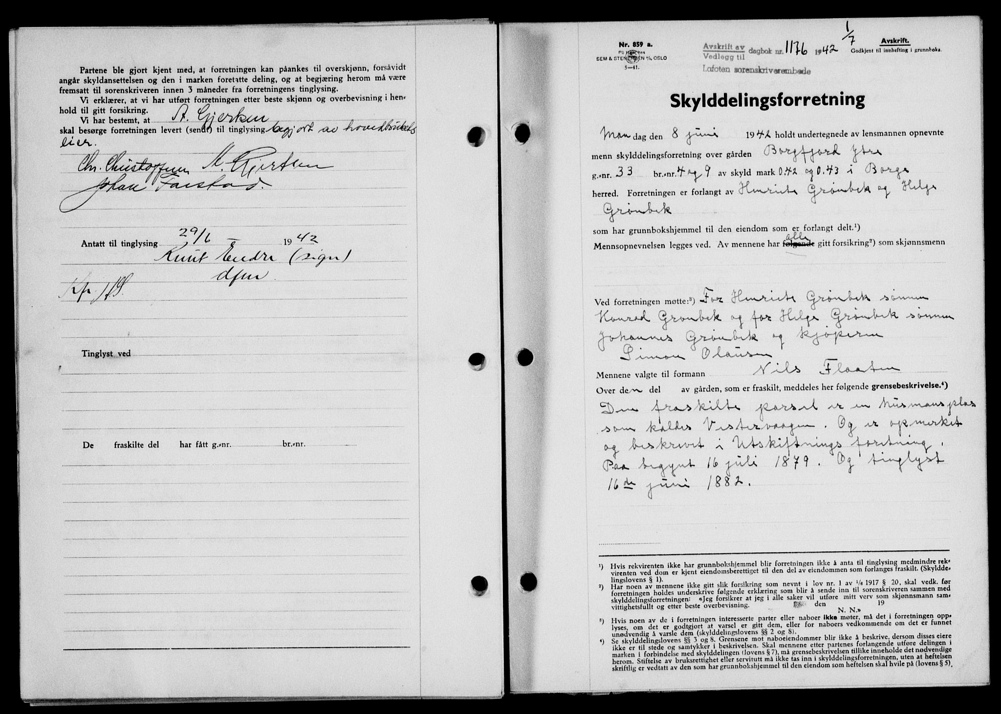 Lofoten sorenskriveri, SAT/A-0017/1/2/2C/L0010a: Mortgage book no. 10a, 1942-1943, Diary no: : 1176/1942