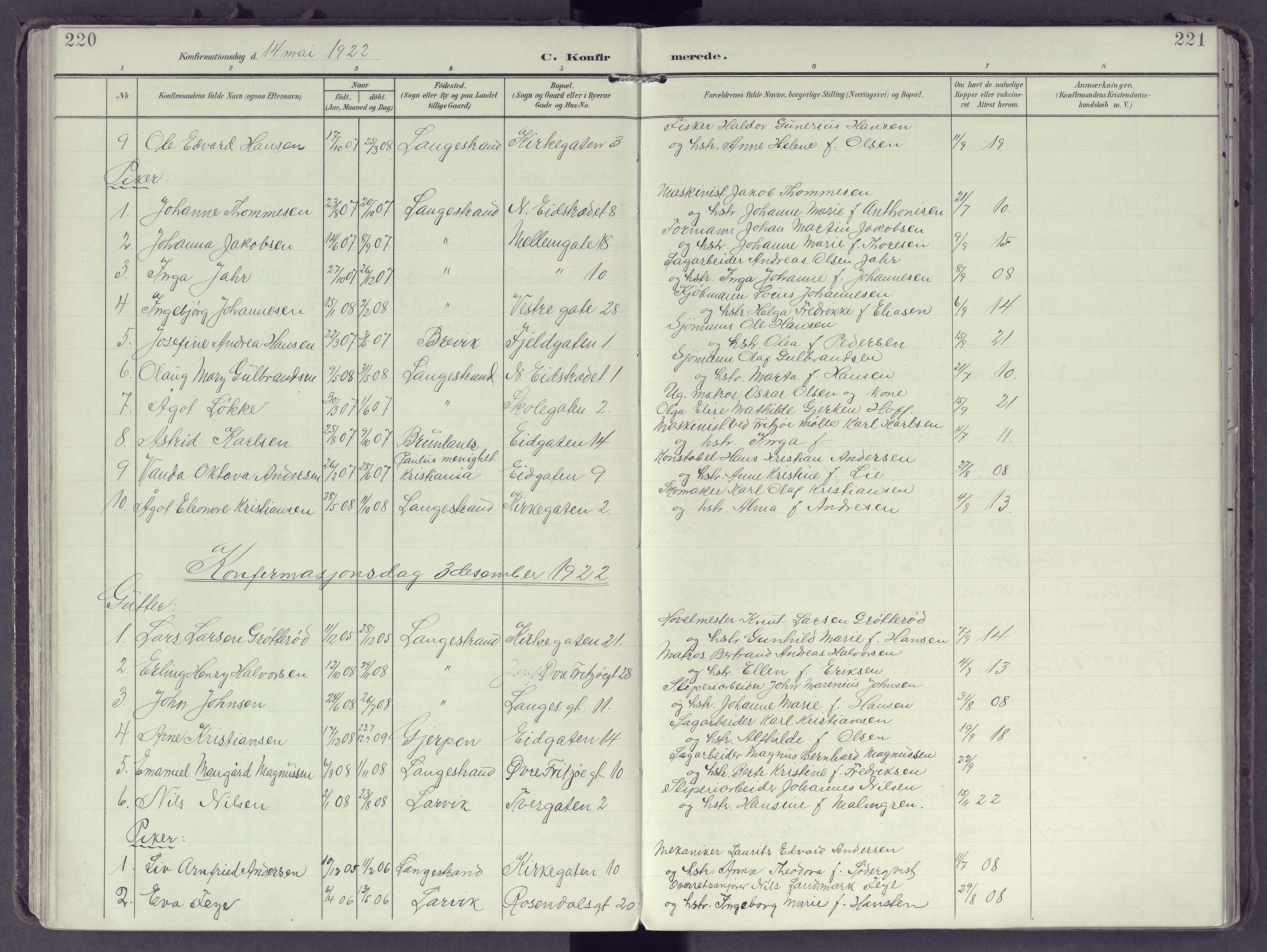 Larvik kirkebøker, AV/SAKO-A-352/F/Fb/L0005: Parish register (official) no. II 5, 1903-1925, p. 220-221