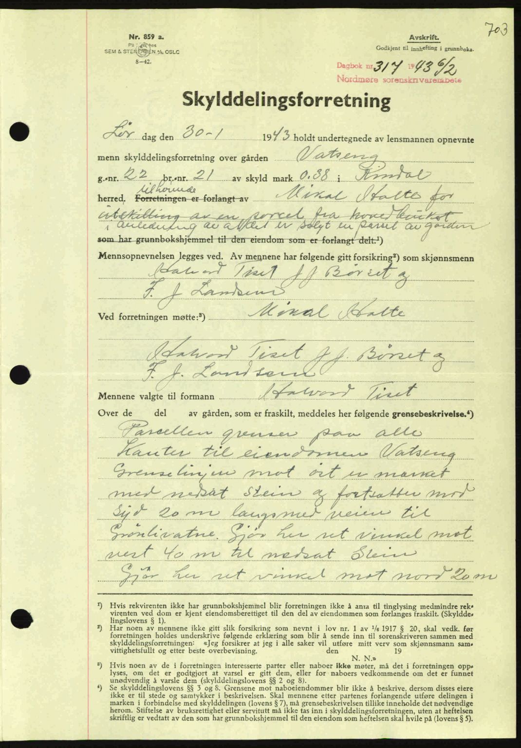 Nordmøre sorenskriveri, AV/SAT-A-4132/1/2/2Ca: Mortgage book no. A94, 1942-1943, Diary no: : 317/1943