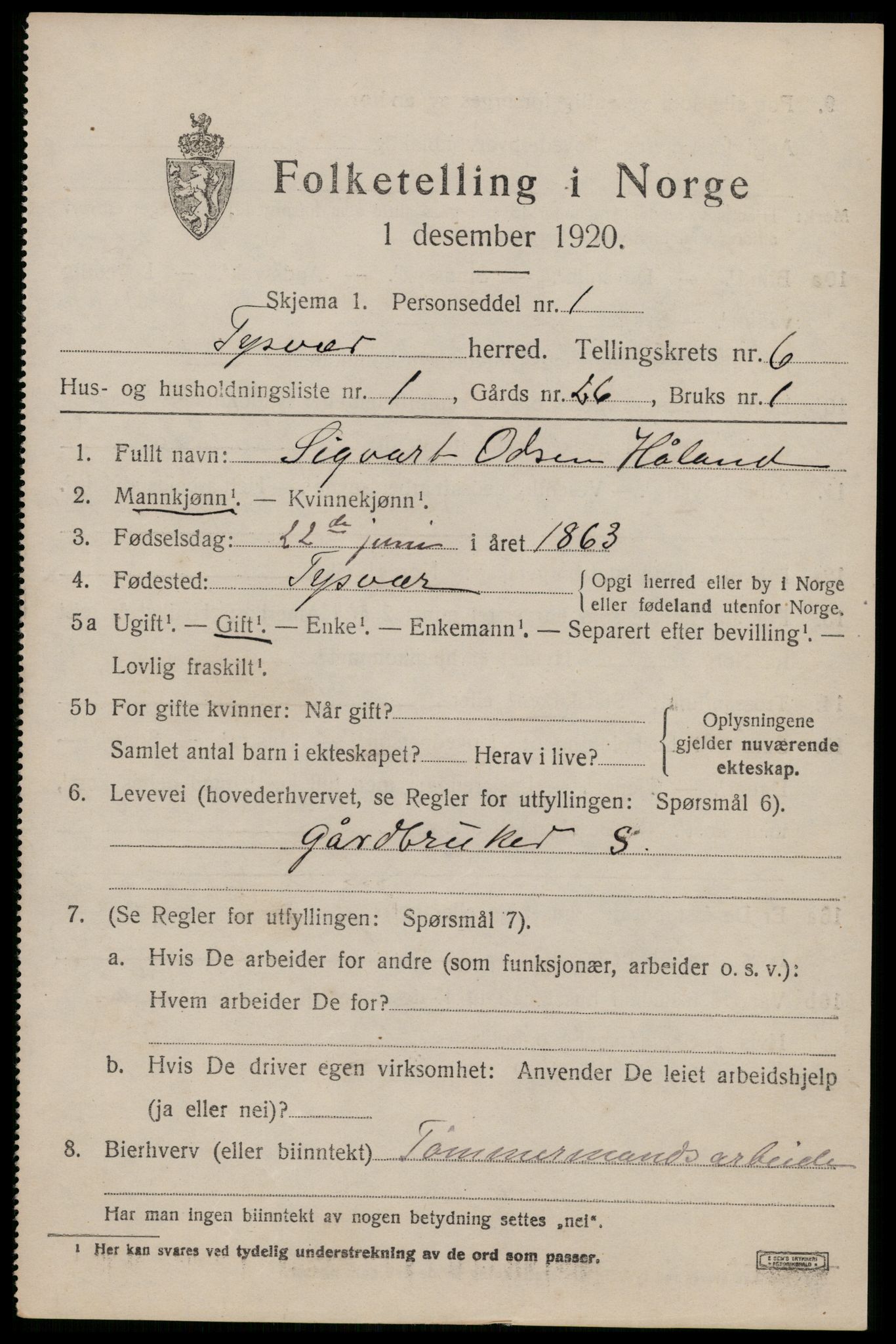 SAST, 1920 census for Tysvær, 1920, p. 2098