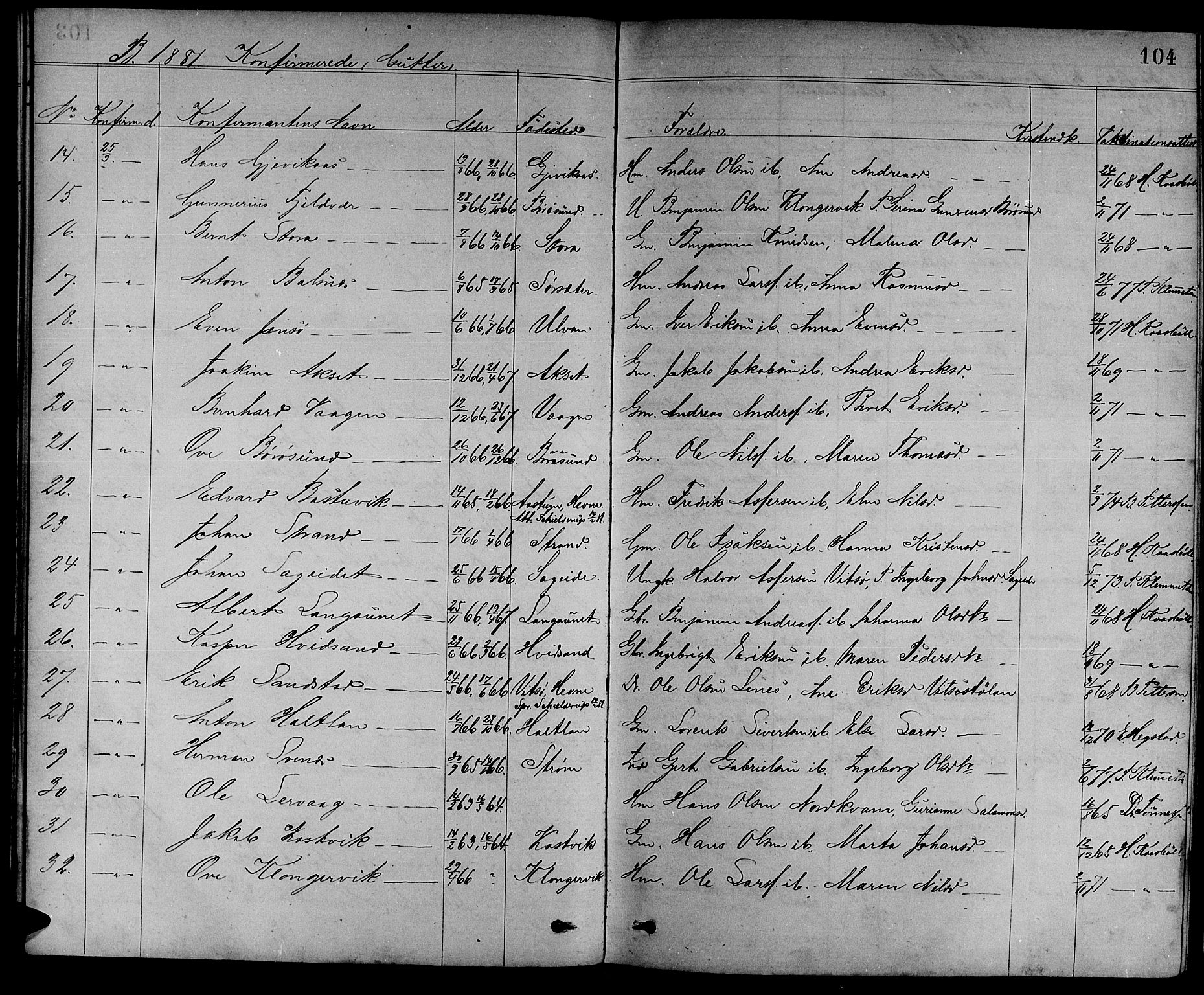Ministerialprotokoller, klokkerbøker og fødselsregistre - Sør-Trøndelag, SAT/A-1456/637/L0561: Parish register (copy) no. 637C02, 1873-1882, p. 104